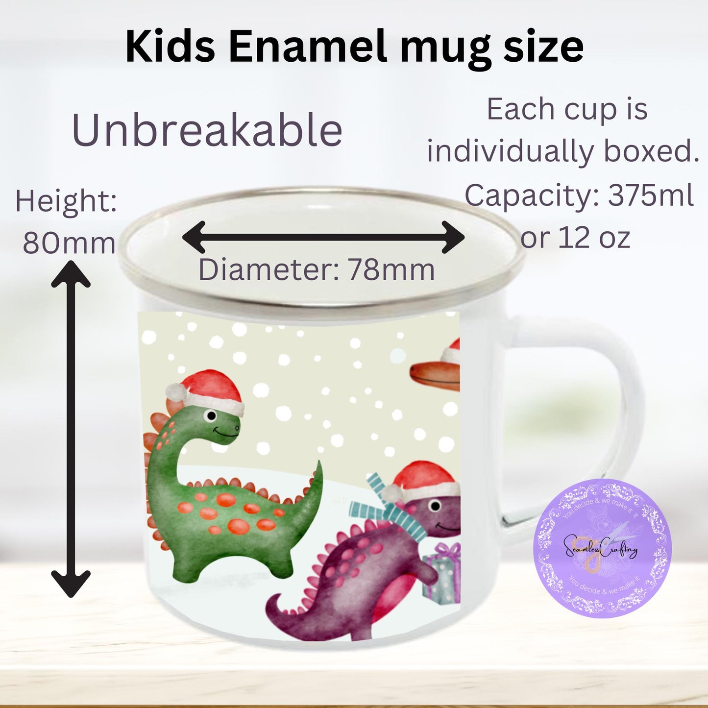 Personalised Christmas Dinosaur, Unicorn children's mugs, 6oz ceramic, 12 enamel cups, movie night, Stock fillers. Add any name