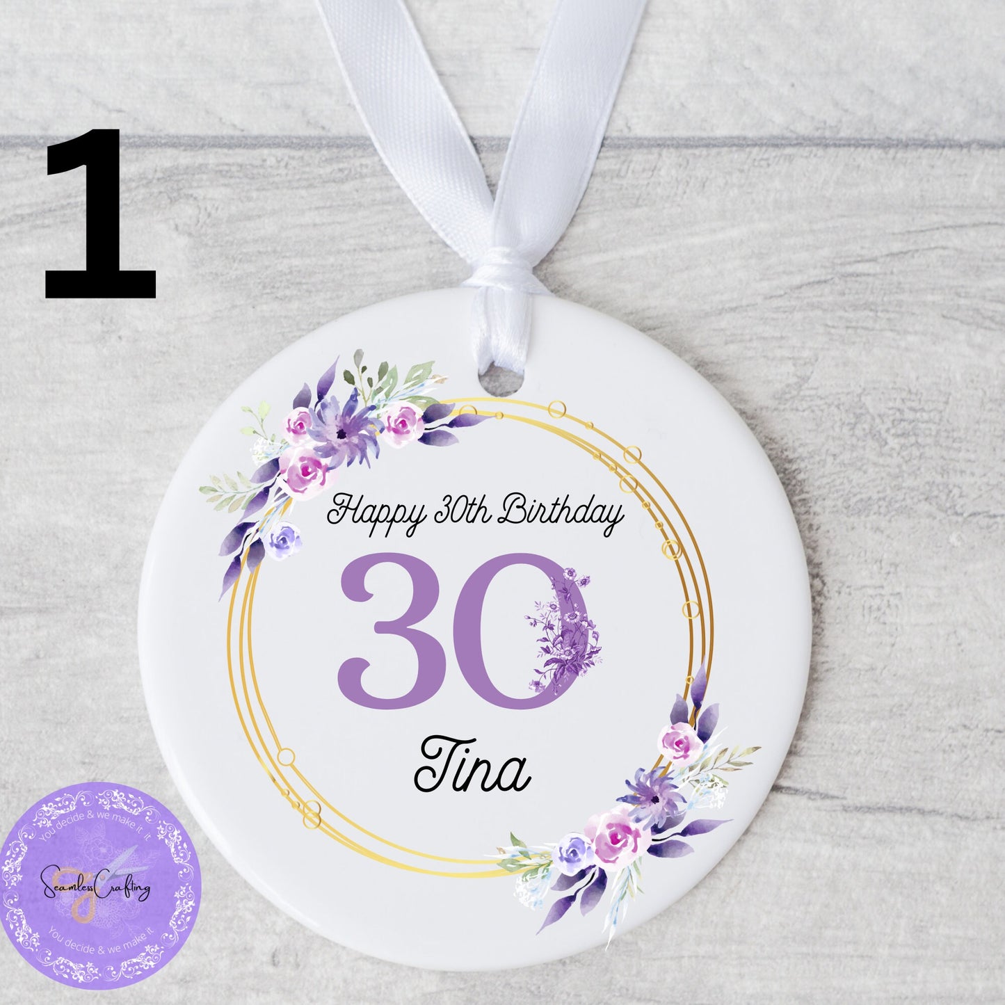 Personalised Milestone Birthday Hanging Acrylic ornament, Any age Purple flowers Plague, Gift For Her, 18th, 50th, 60th Birthday Keepsake