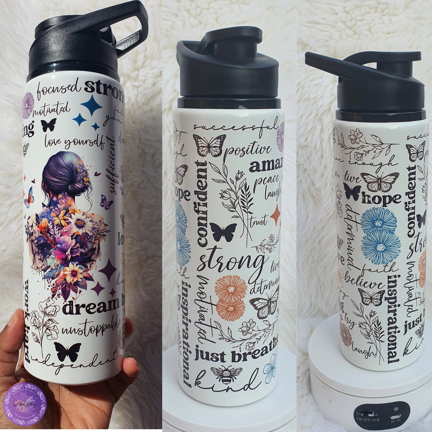 Personalised aluminium inspirational colourful butterfly flowers water bottle, Positive affirmation mental health awareness bottle.