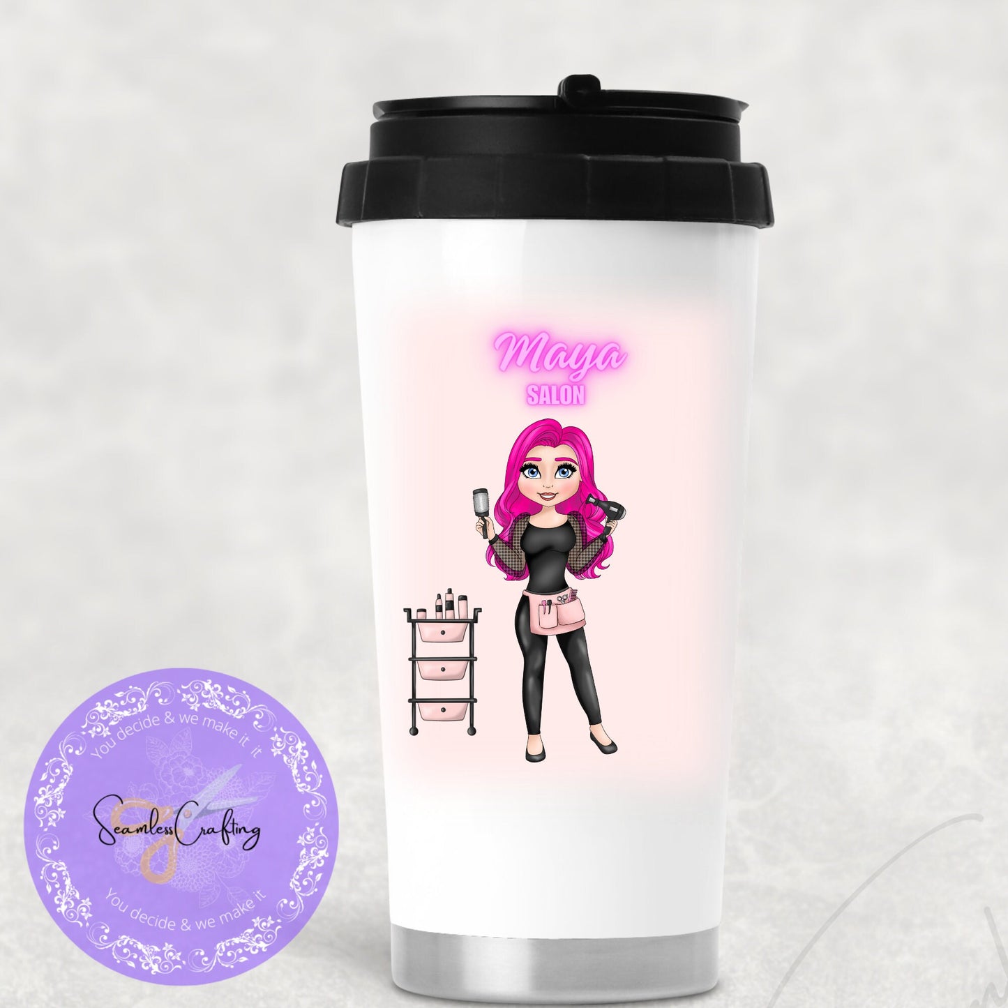 Personalised Hairdresser Mug, Caricature Travel Mug, Trainee Stylist Thermos, Newly Qualified Hairdresser Cup, Colour Stylist Gift