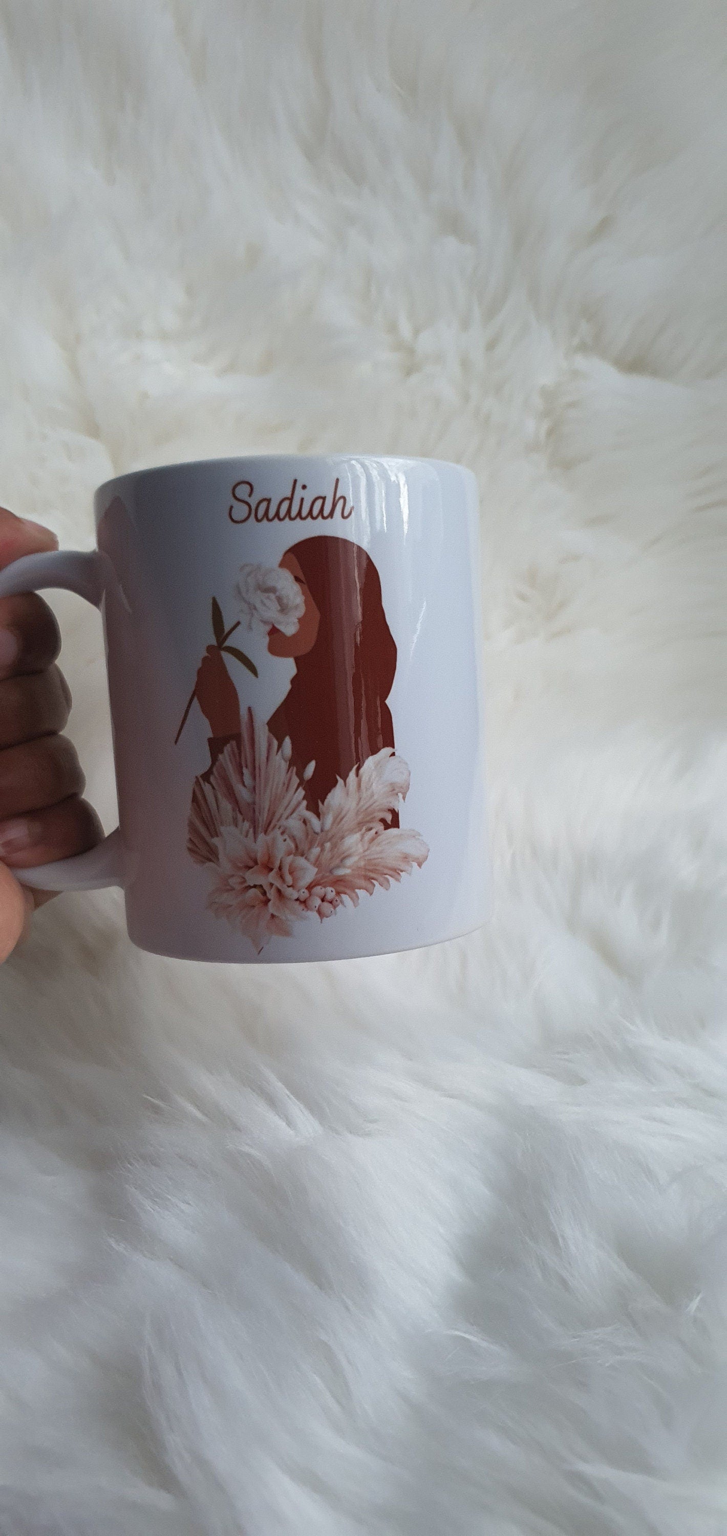 Personalised Eid Gift, Muslim Woman hijab Mug, Name in Arabic, Islamic, Mug, Hijabi Tumbler Gift For Her, Islamic Name Mug, flower hijab