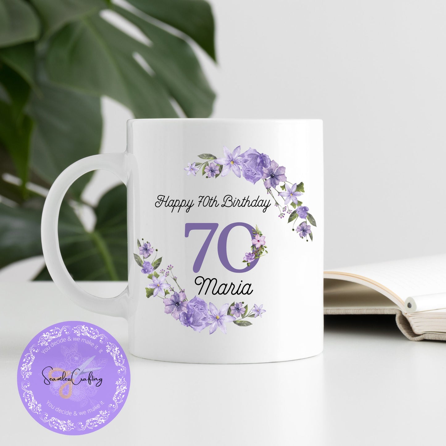 Personalised Milestone Birthday Hanging Acrylic ornament & Mug, Any age Purple flowers Plague, Gift For Her, 18th, 50th Birthday Keepsake