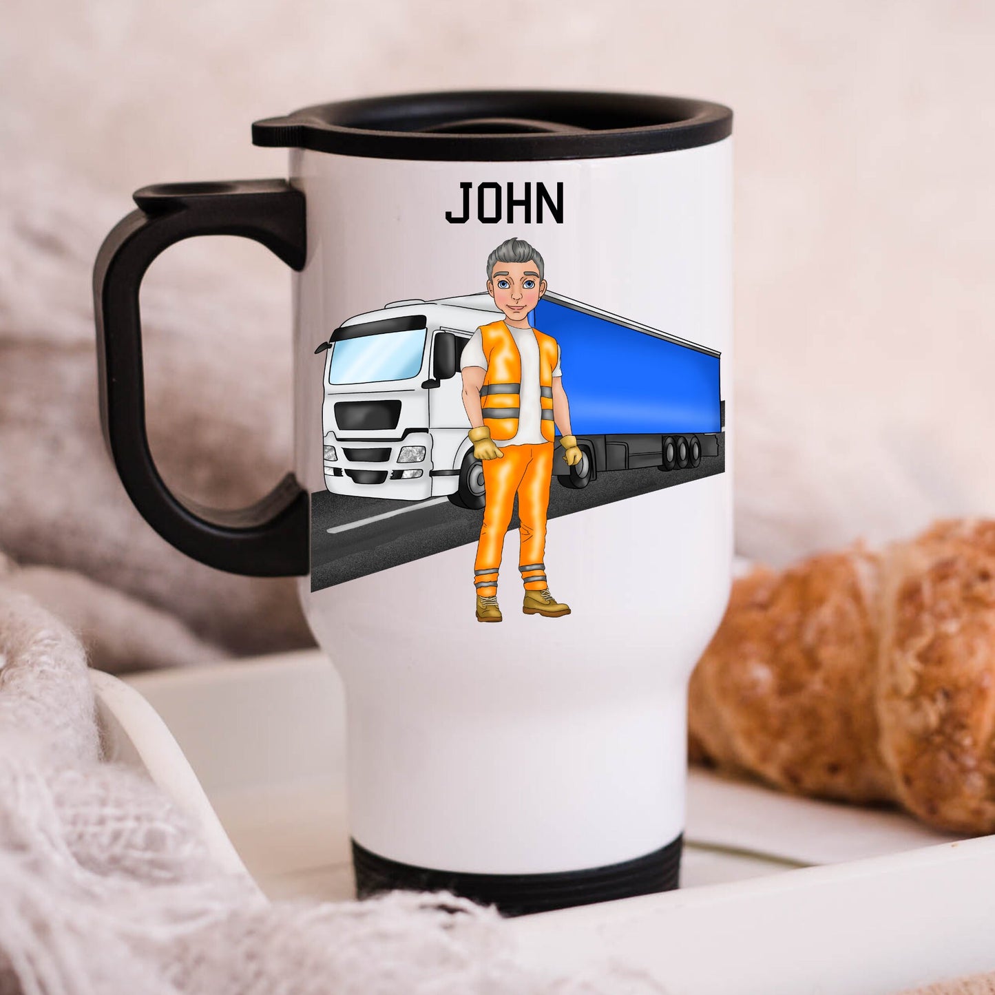 Personalized 14 oz Insulated Travel Mug for Men – Custom Character Coffee Cup with Builder, Binman, Lorry Driver Accessories – Father’s Day Gift for Workmen