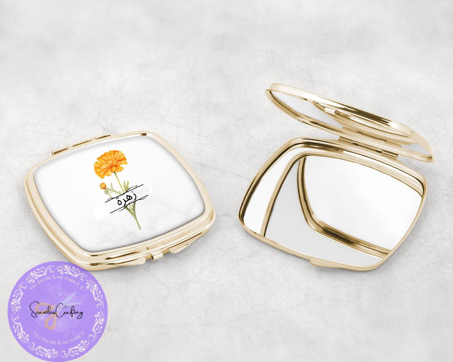Personalised Pocket Flower of the Month Compact Mirror, add any name, Gift for her, Bridal gift, Rose Gold, Gold Mirror, Wedding Favor