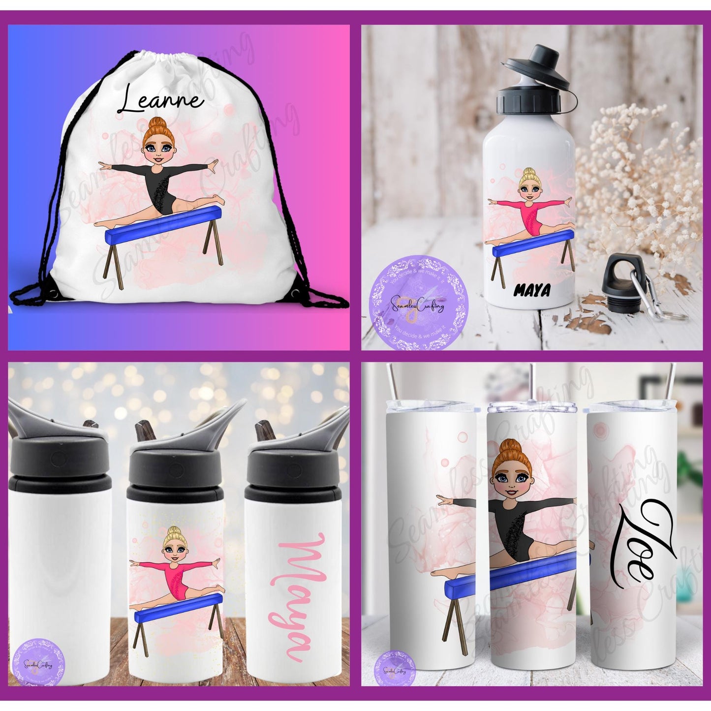 Personalised Beam Gymnast girl water bottle, Stainless steel tumbler, 21 Leotard choice of colours, back to school, caricature drawstring PE