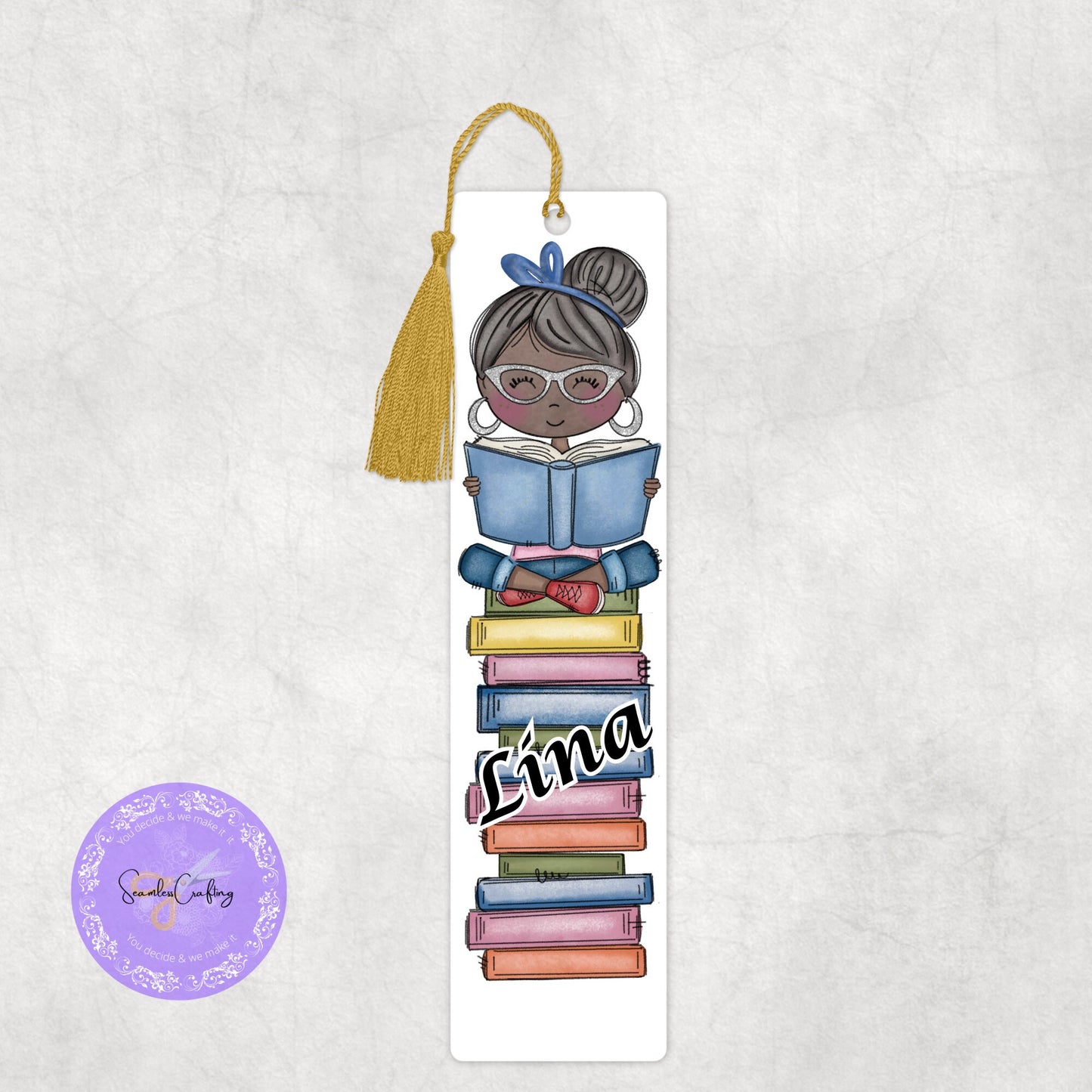 Personalised little Girl sitting on stack of books, add any name, Character page marker, gift for girl, choose hair colour & skin tone