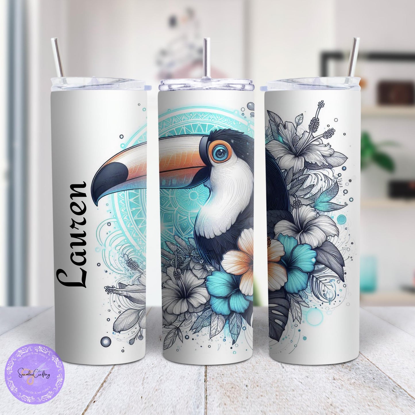Personalised Floral Toucan 20 oz tumbler. Tropical bird lover gift, Stainless Steel Tumbler, Custom with any name, Birthday present