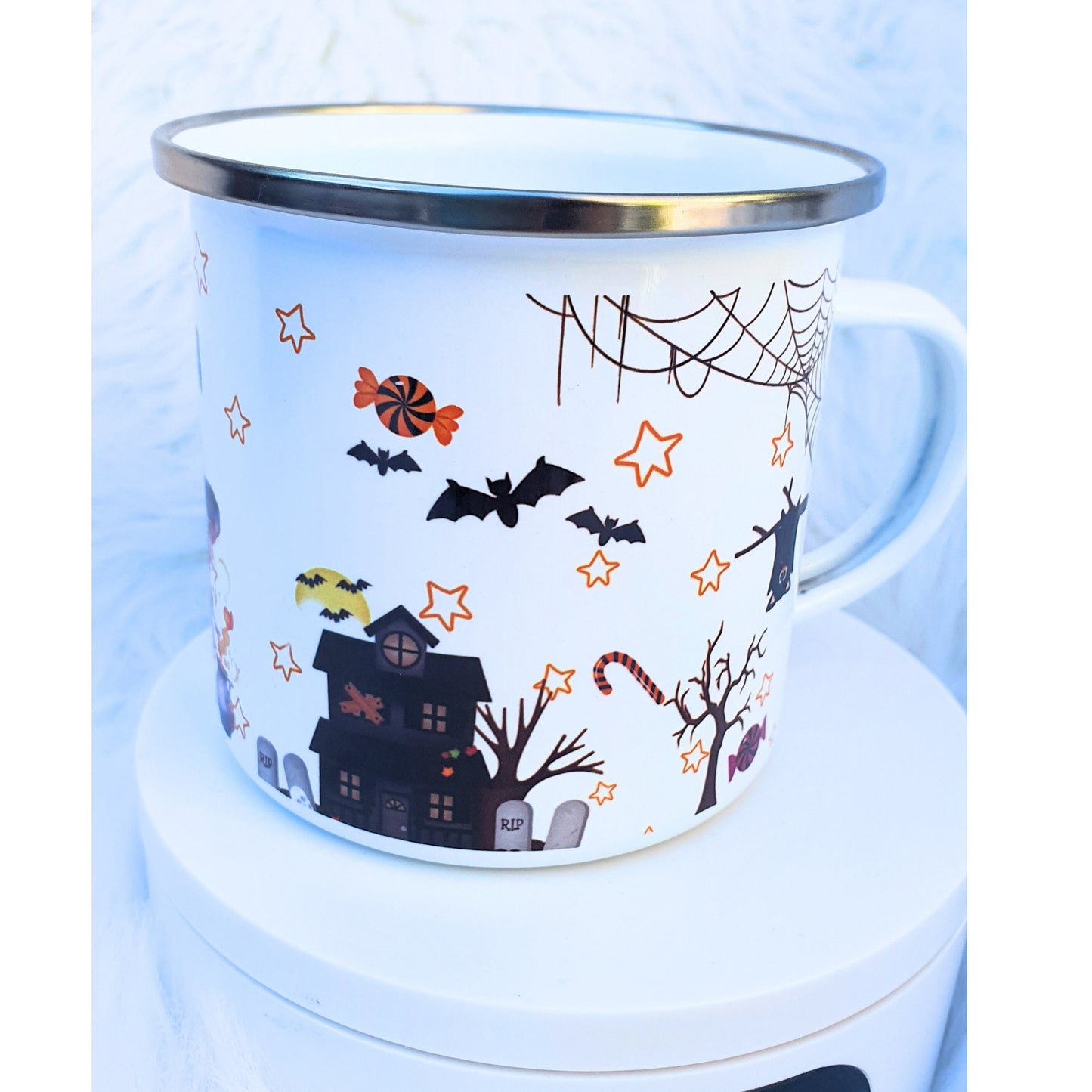 Personalied Halloween kids enamel mug, trick or treat cup, 12 0z unbreakable cup, Spooky kids, Party favour spooky kids, Dracula boy & Witch