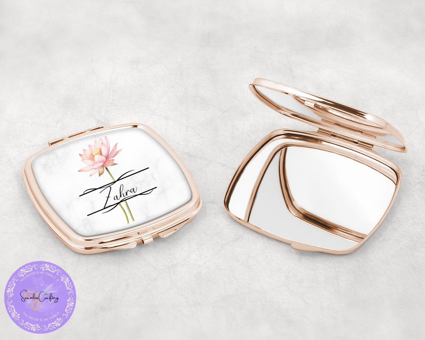 Personalised Pocket Flower of the Month Compact Mirror, add any name, Gift for her, Bridal gift, Rose Gold, Gold Mirror, Wedding Favor