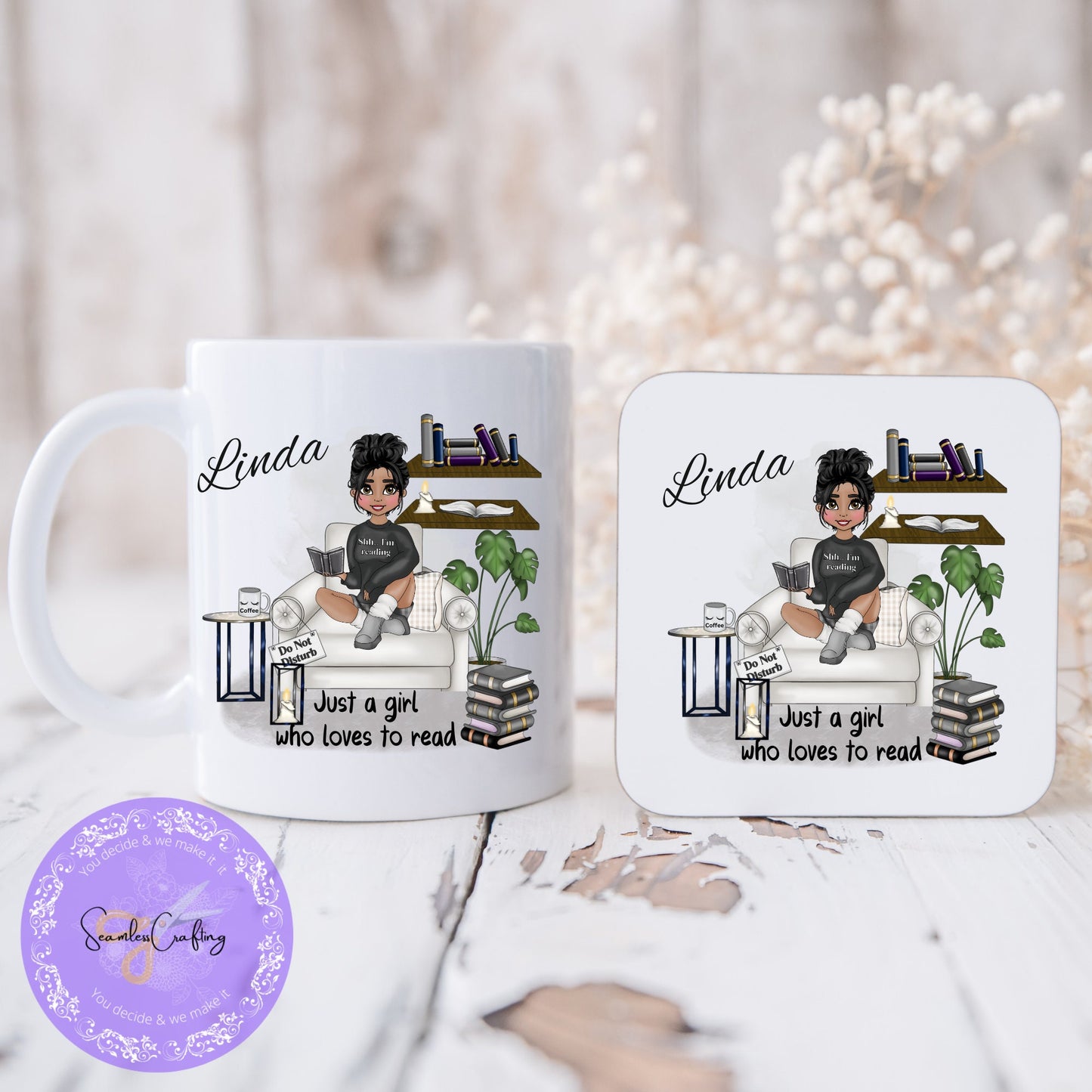 Personalised Caricature book lover mug, Just a girl who loves to read, Design your character cup, Reading teacup gift, Bookworm Cuppa
