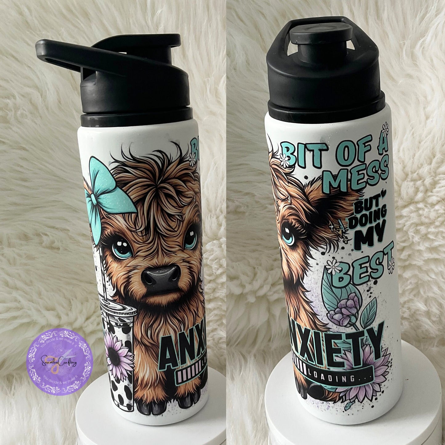 Personalised Funny Highland Cow Bottle - 20 oz Tumbler | Positive Affirmation Gift, Cute Highland Coo Design, Stainless steel, Add any name