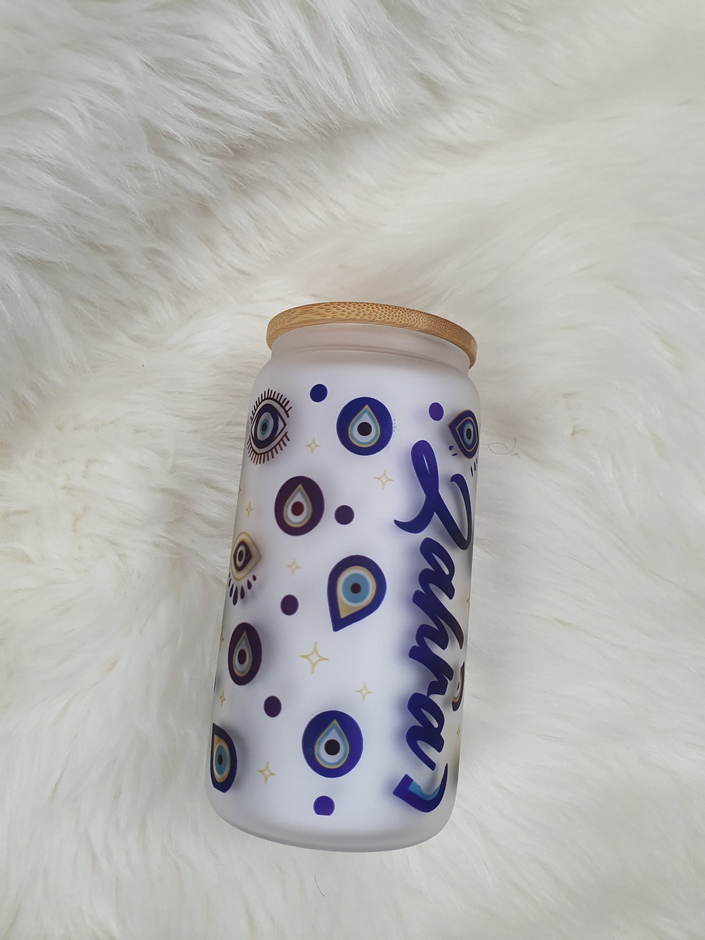 Personalised All-Seeing Eye Cup. Turkish Eye Protection, Spiritual Glass Cup Gift, Beer Can Glass Evil Eye Style, Bambo Lid with Straw