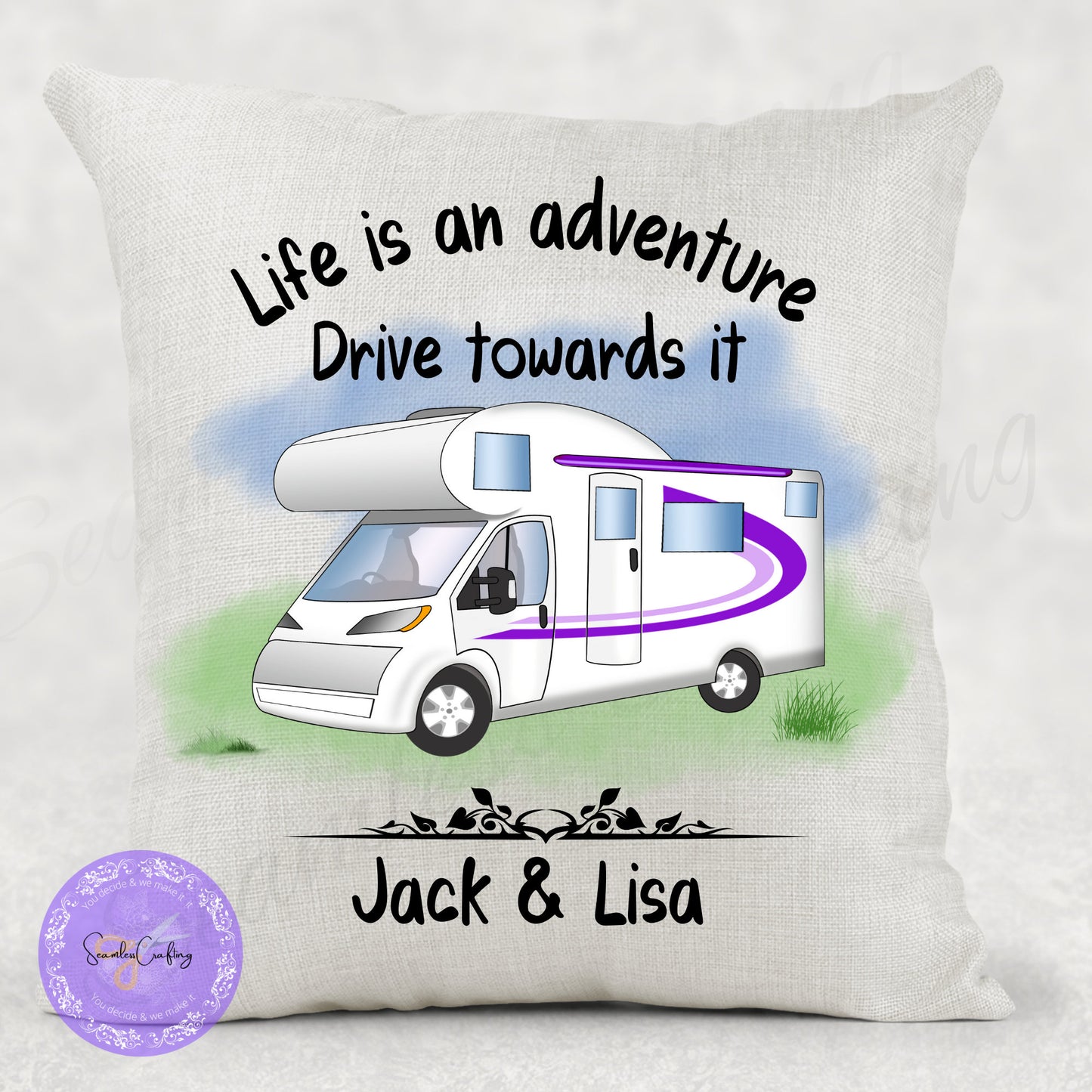 Personalised Motorhome Linen Cushion, add any text name, Campervan owners gifts, camping Pillow, Outdoor lovers present, First RV gift