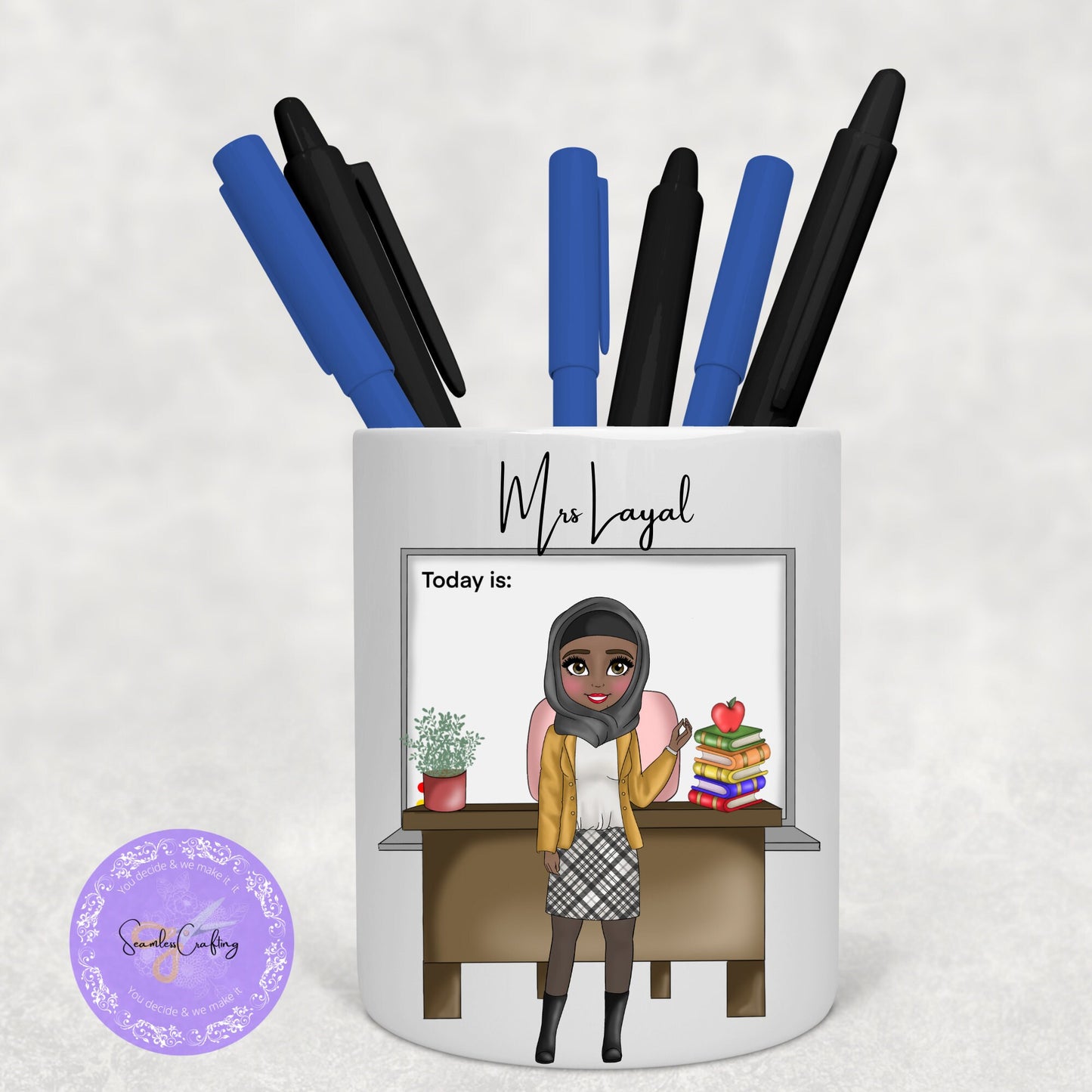 Personalised Female teacher Caricature, Character Pencil holder, End of School present, New Teacher, build your character, pens pot gift