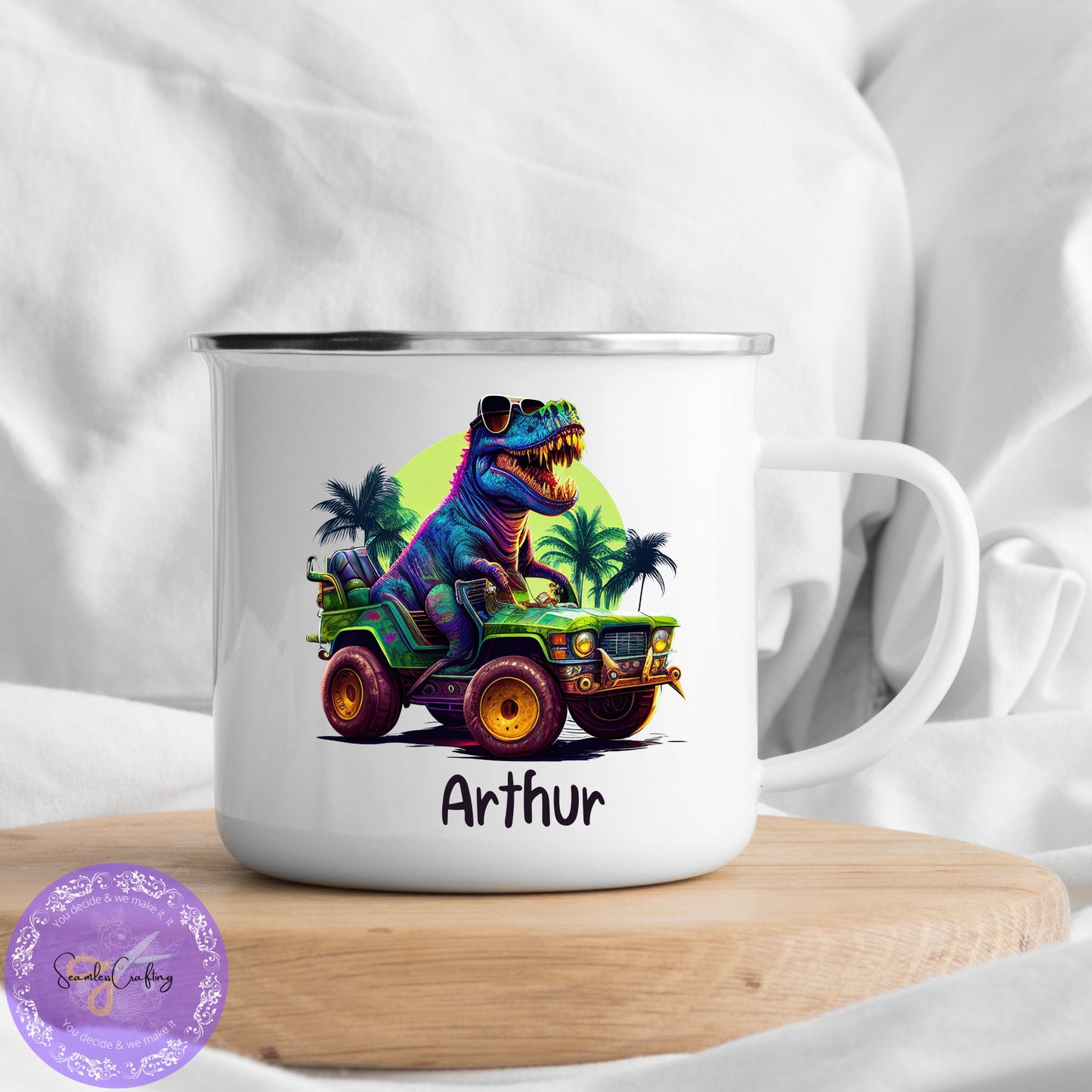Personalised Enamel Mug Trex- Dinosaur Truck, Fire Engine Enamel Mug, Choice of Design, Personalise Name Mug, Gift For Kids