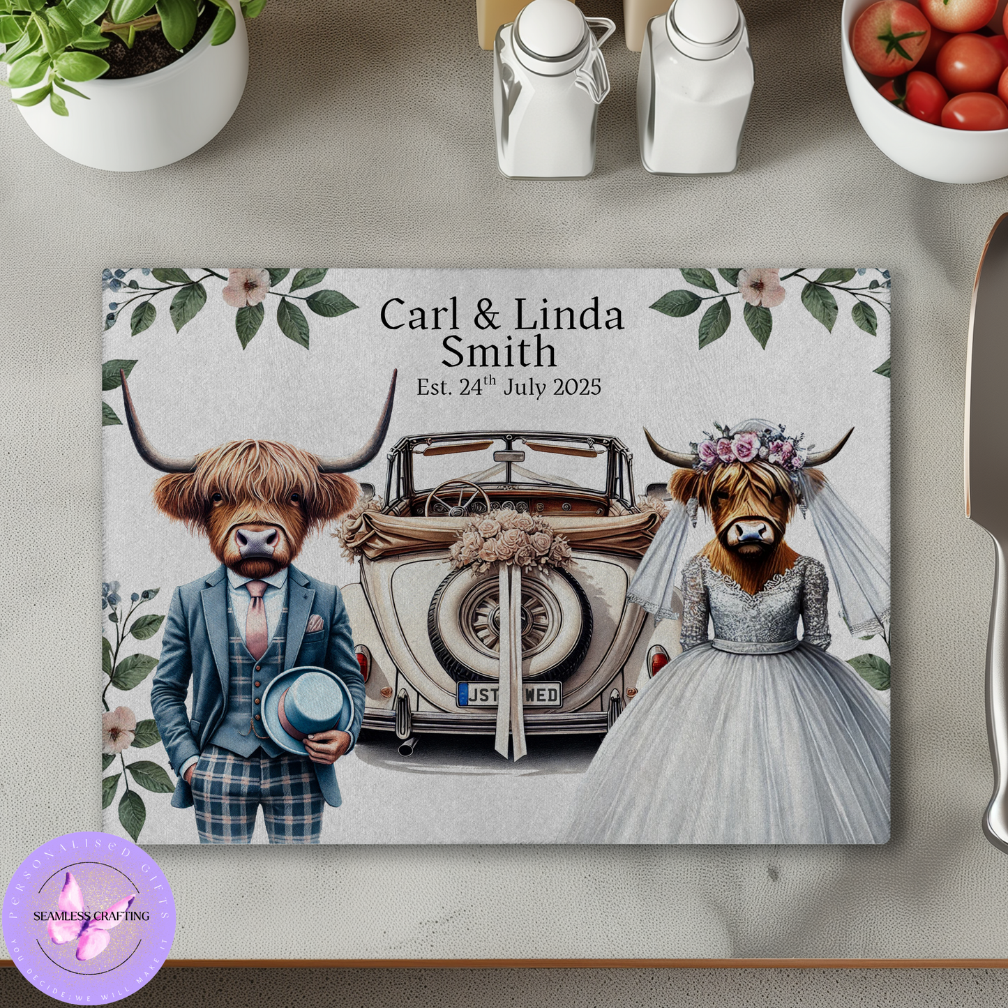 Personalised Highland Cow Wedding Glass Chopping Board – Bride & Groom, Kilt or Trousers Design, Wedding Gift