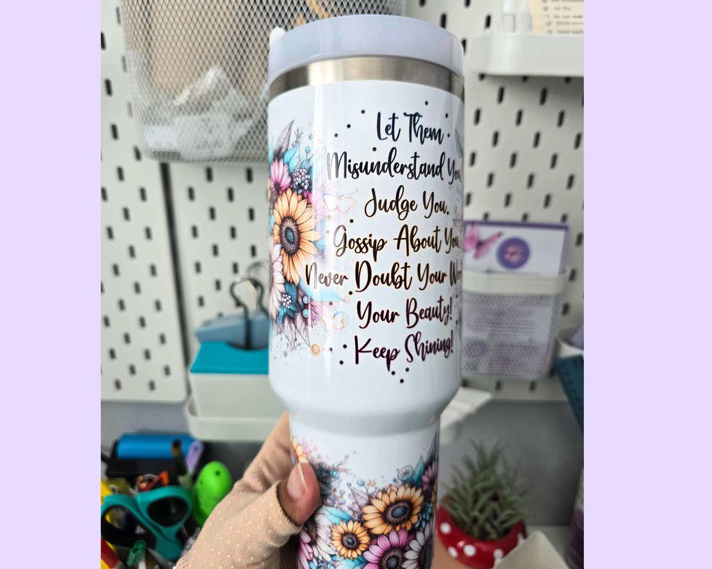 Personalised 40oz Sunflower Positivity Tumbler with Name – Inspirational Quote Mug with Handle & Straw