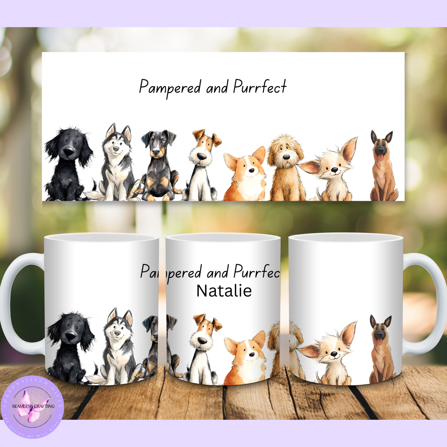 Personalised Dog Lover Mug – Pampered and Purrfect 11oz Ceramic Coffee Cup – Custom Name Pet Groomer Gift with Colour Handle Options
