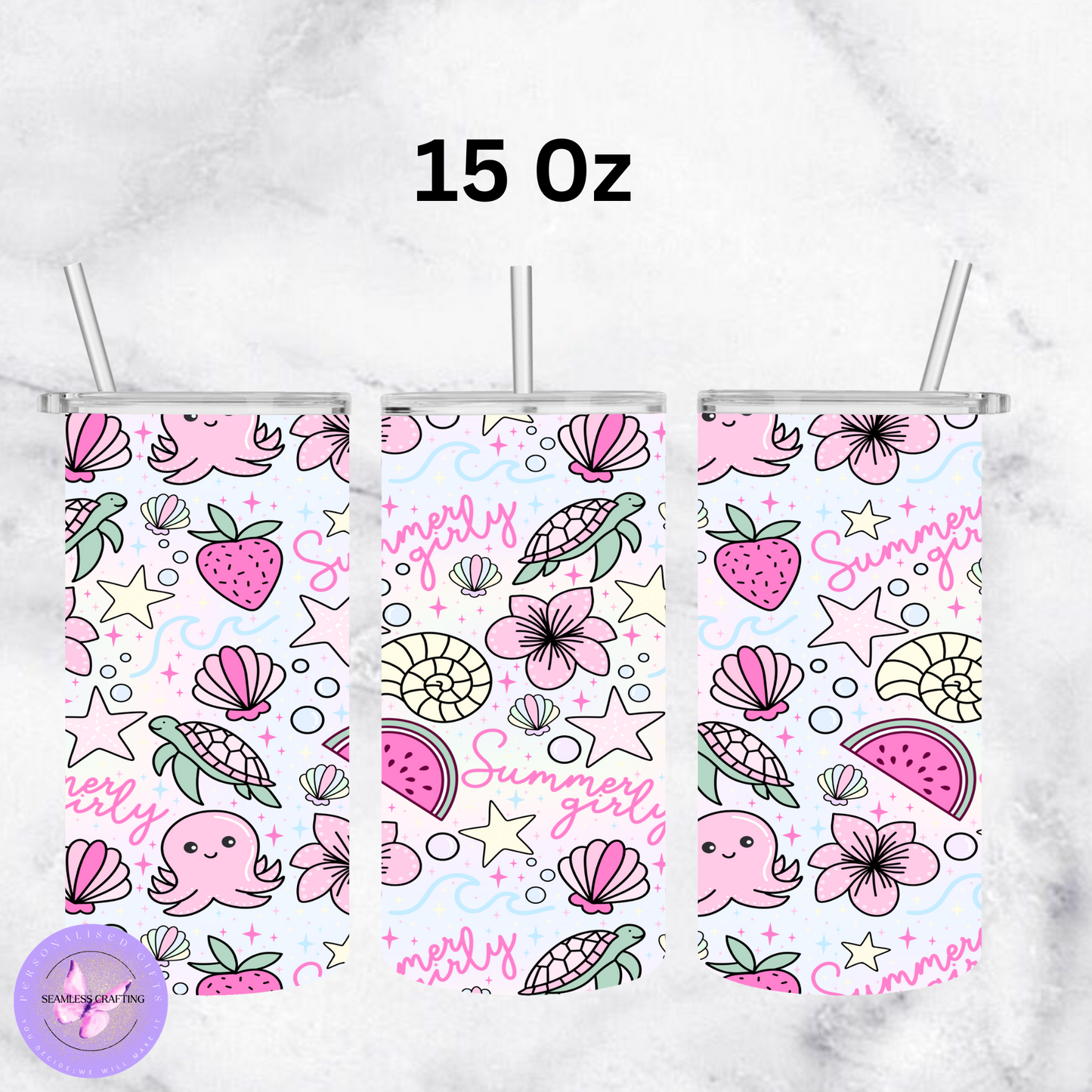 Personalised 20oz & 16oz Stainless Steel Tumbler – Summery Girly Pastel Beach Design