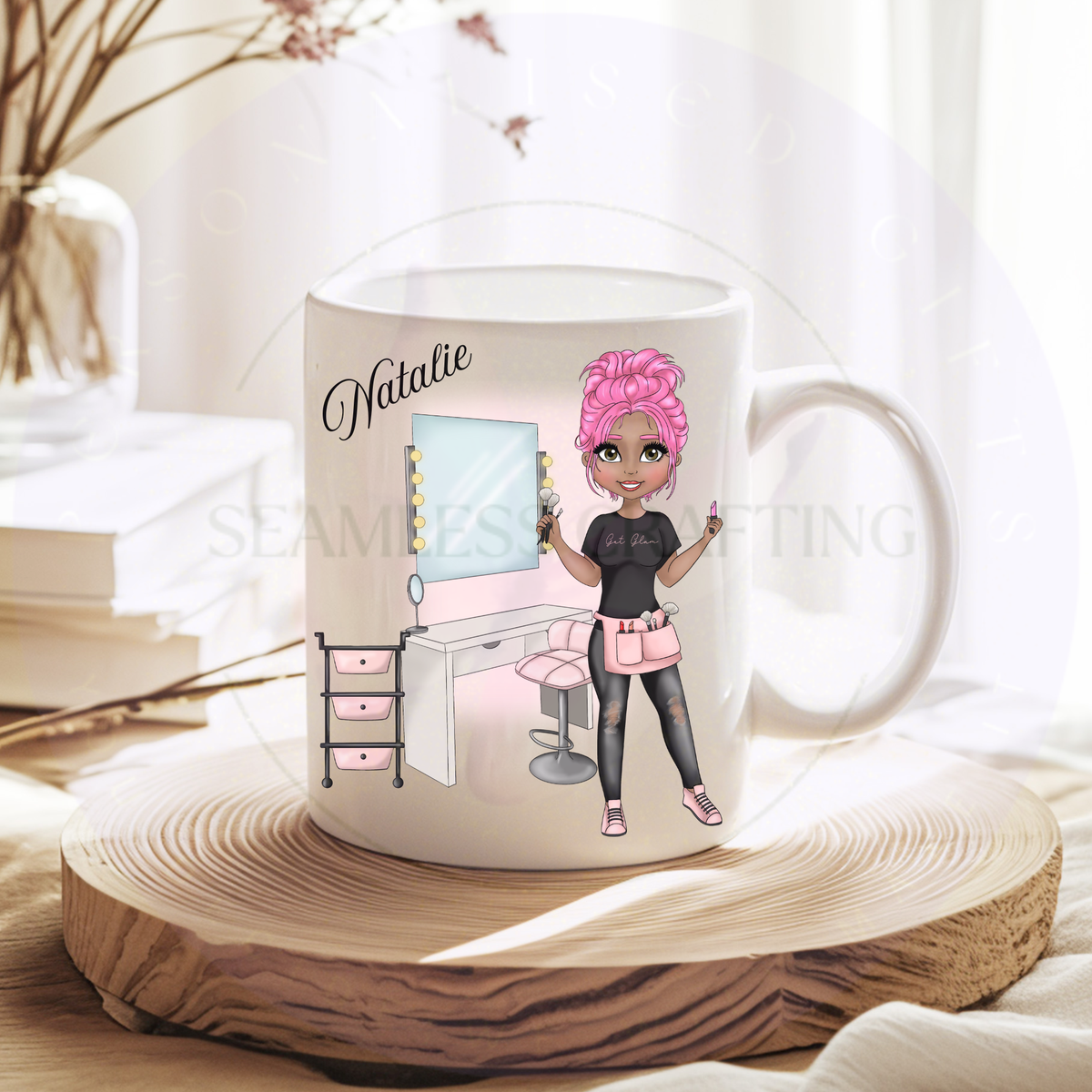 White ceramic mug with pink hair make up character personalised with name Natalie