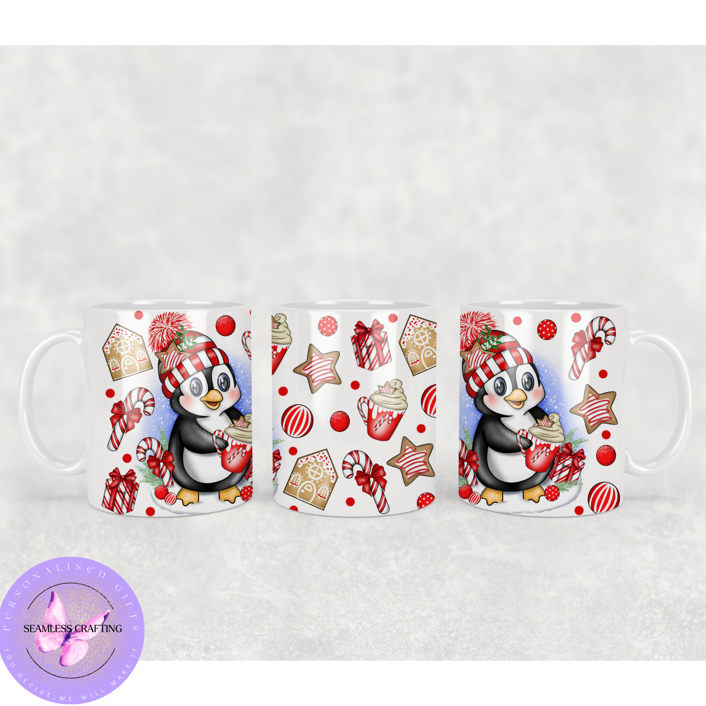 Personalised Christmas Penguin Tumbler & Mug | Custom Name | 20oz Skinny Tumbler & 11oz Mug | Cute Winter Holiday Gift | Hot & Cold Drinks