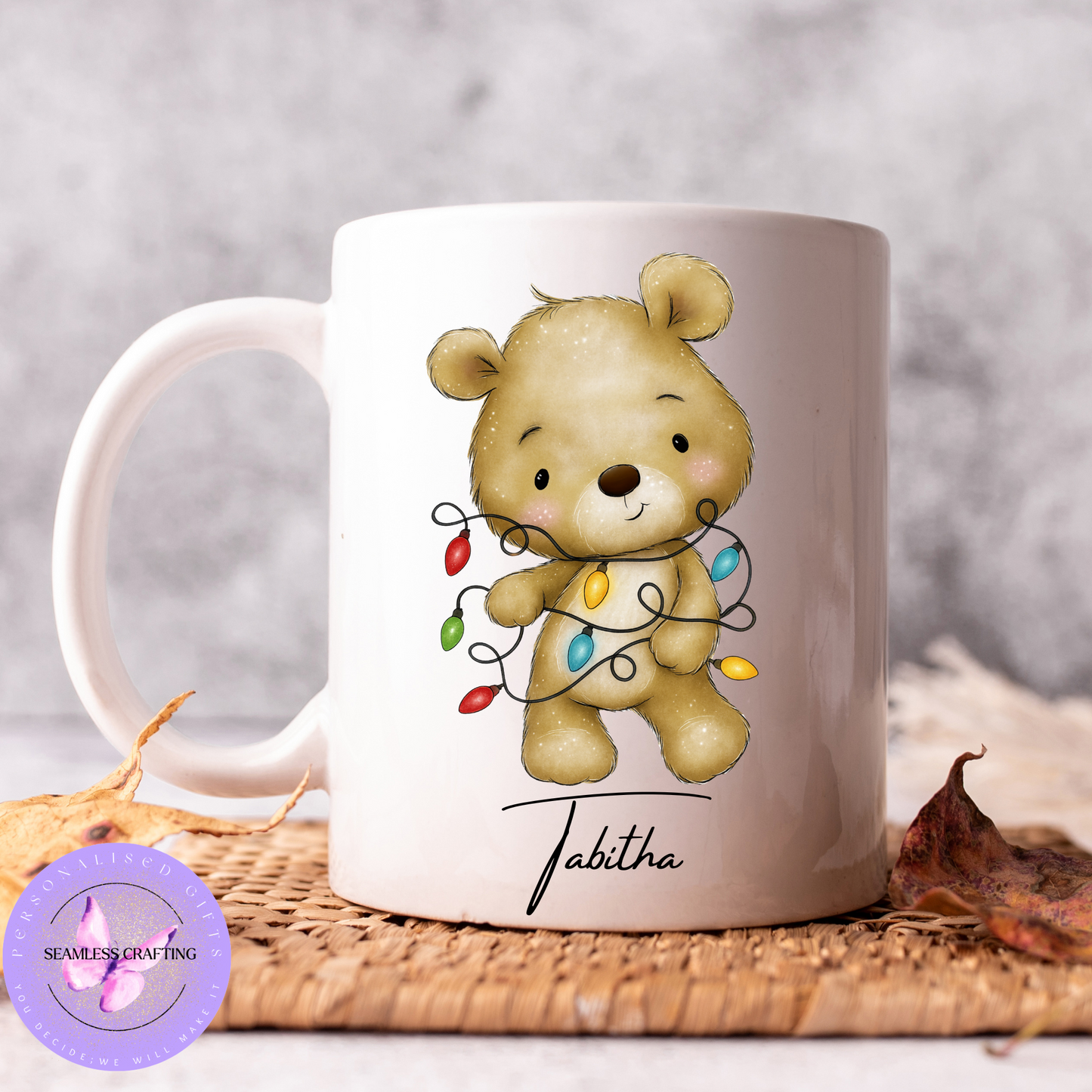 Personalised Christmas Mug – Teddy Bear Tangled with Christmas Lights – 11oz Ceramic Coffee Cup with Custom Name & 5 Colour Options
