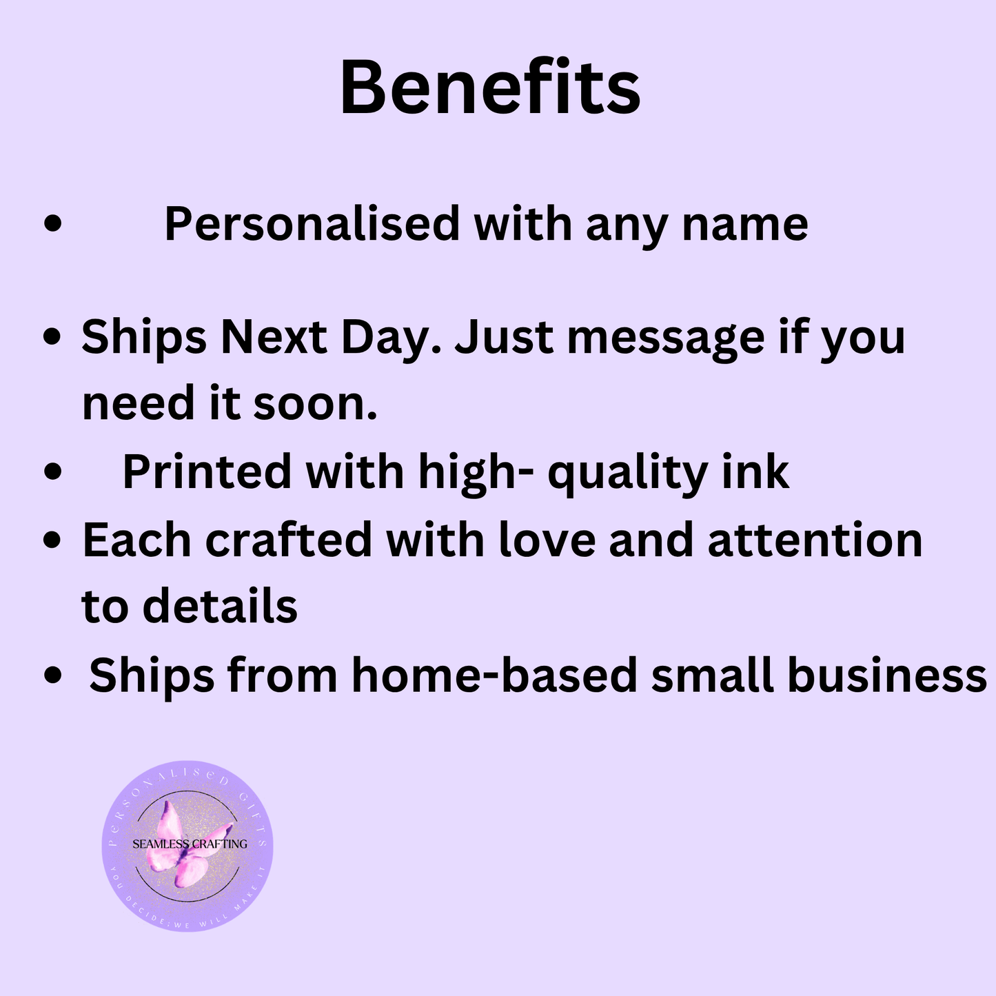 Personalised beauty worktop saver benefits with custom name and made-to-order design.