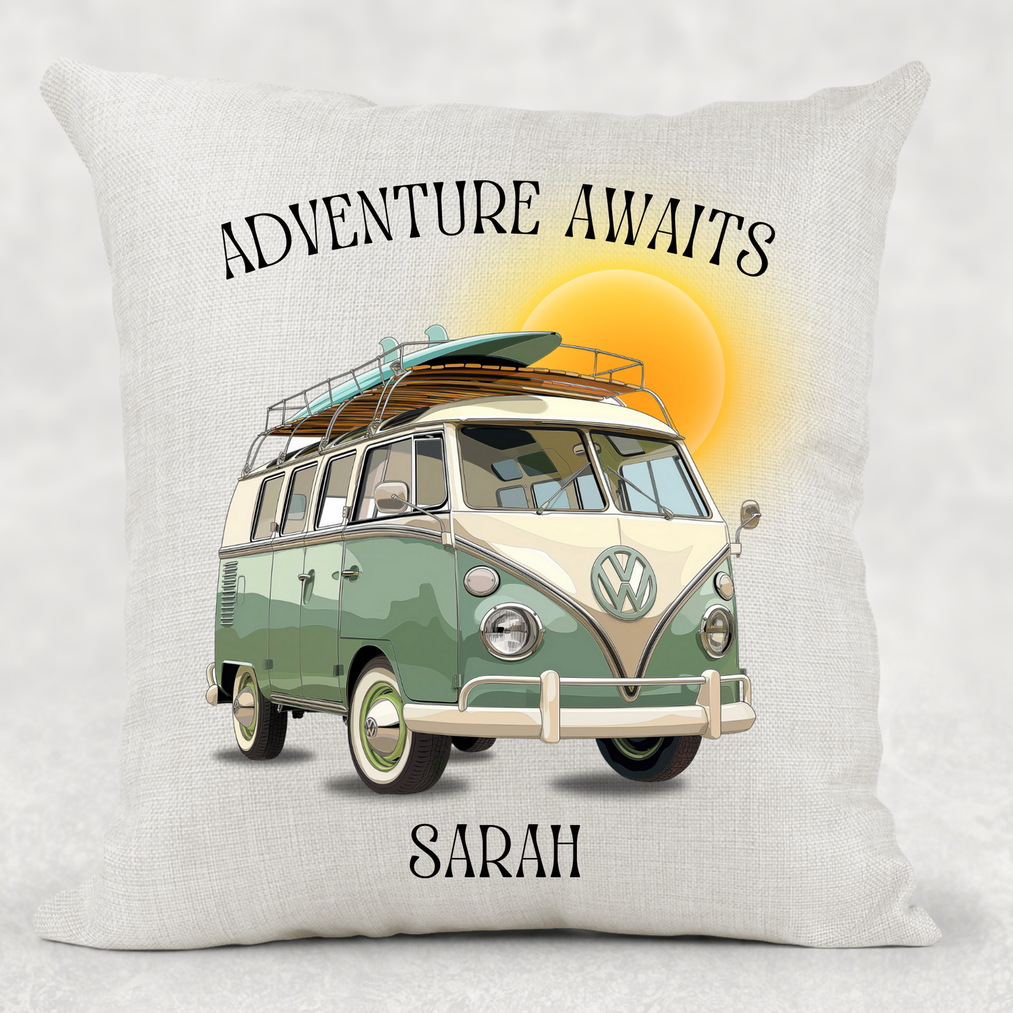 Personalised Camper Van Cushion | Adventure Awaits Linen Pillow | Custom Travel Gift 40x40cm