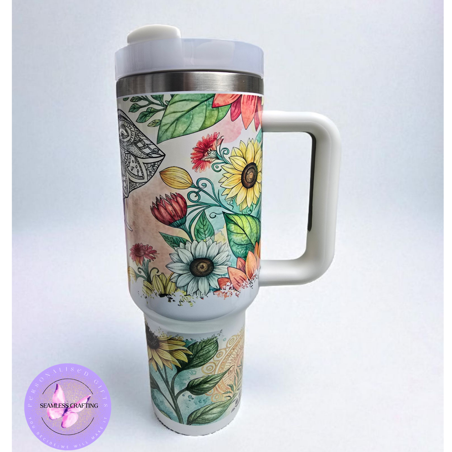 Personalised 40oz Mandala Elephant Tumbler with Handle & Straw – Floral Boho Travel Mug