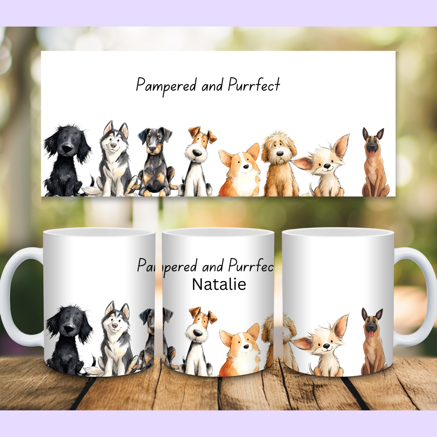 Personalised Dog Lover Mug – Pampered and Purrfect 11oz Ceramic Coffee Cup – Custom Name Pet Groomer Gift with Colour Handle Options