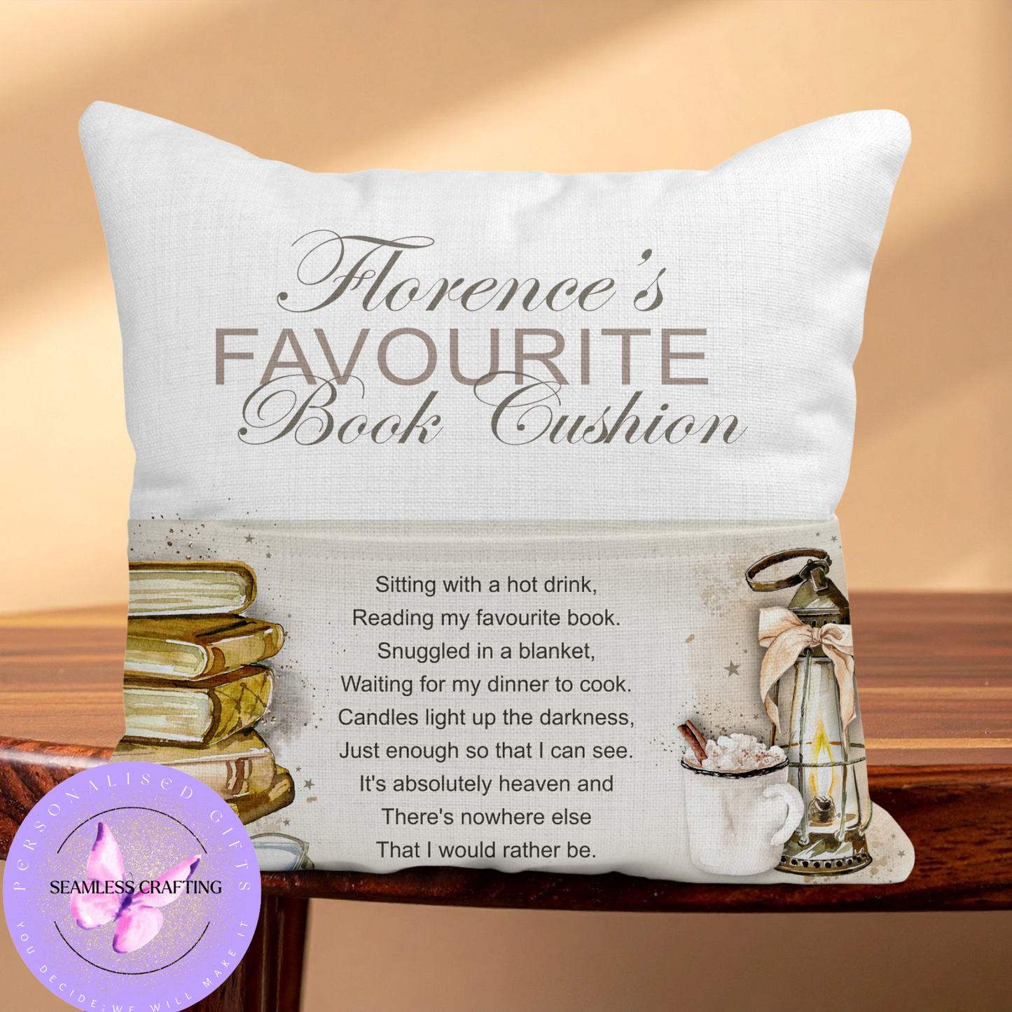 Personalised Reading Cushion with Pocket – Custom Name Linen Book Cushion Gift for Book Lovers, Readers & Bookworms – 40x40cm Handmade Cushion Cover
