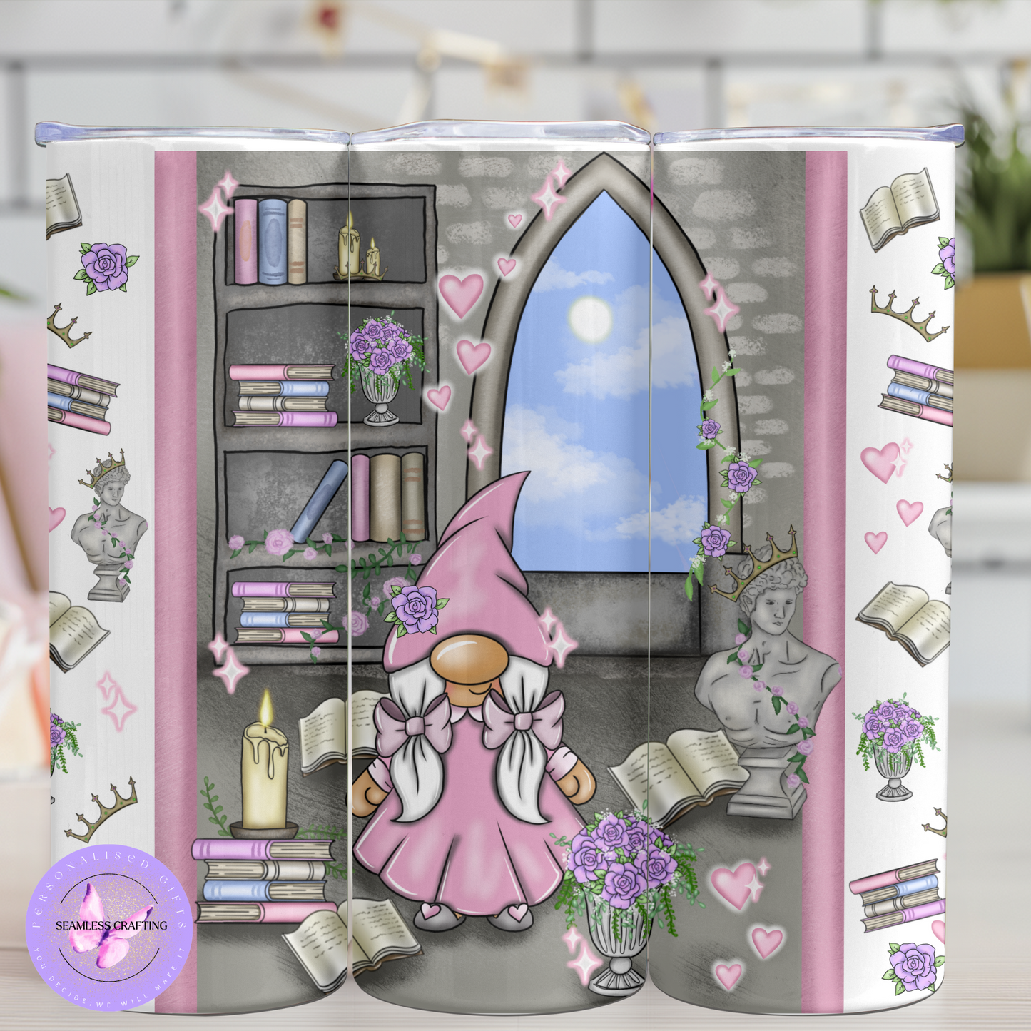 Custom Book Lover 20oz Tumbler – Pink Fantasy Gnome Design with Straw & Cleaner