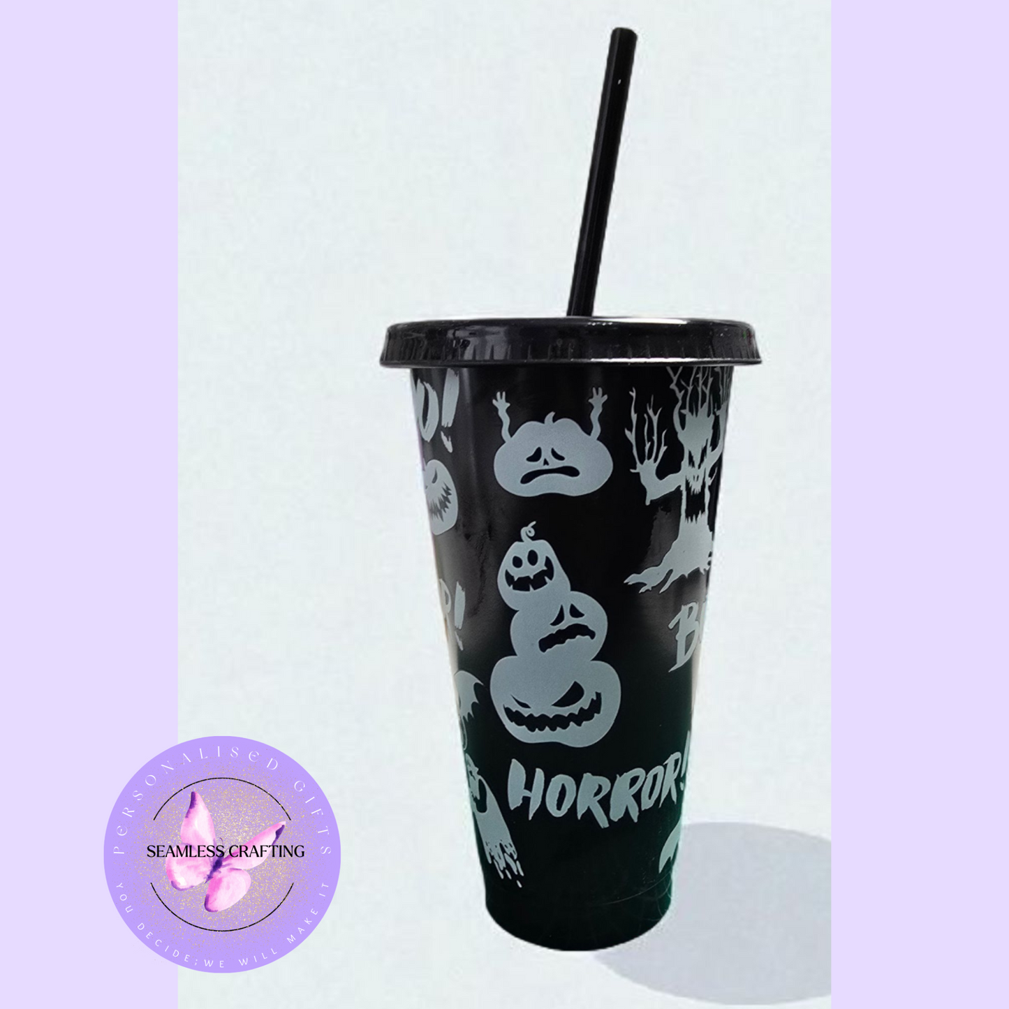 24oz Halloween Glow in the Dark Cold Cup – Boo Horror Reusable Tumbler with Lid & Straw