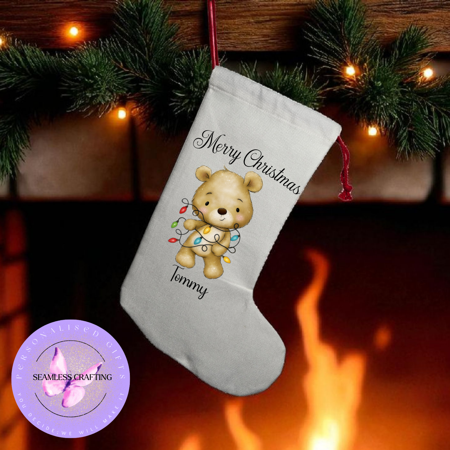 Personalised Christmas Stocking – Cute Teddy Bear Tangled with Christmas Lights – Custom Name Linen Canvas – Holiday Gift for Kids & Family