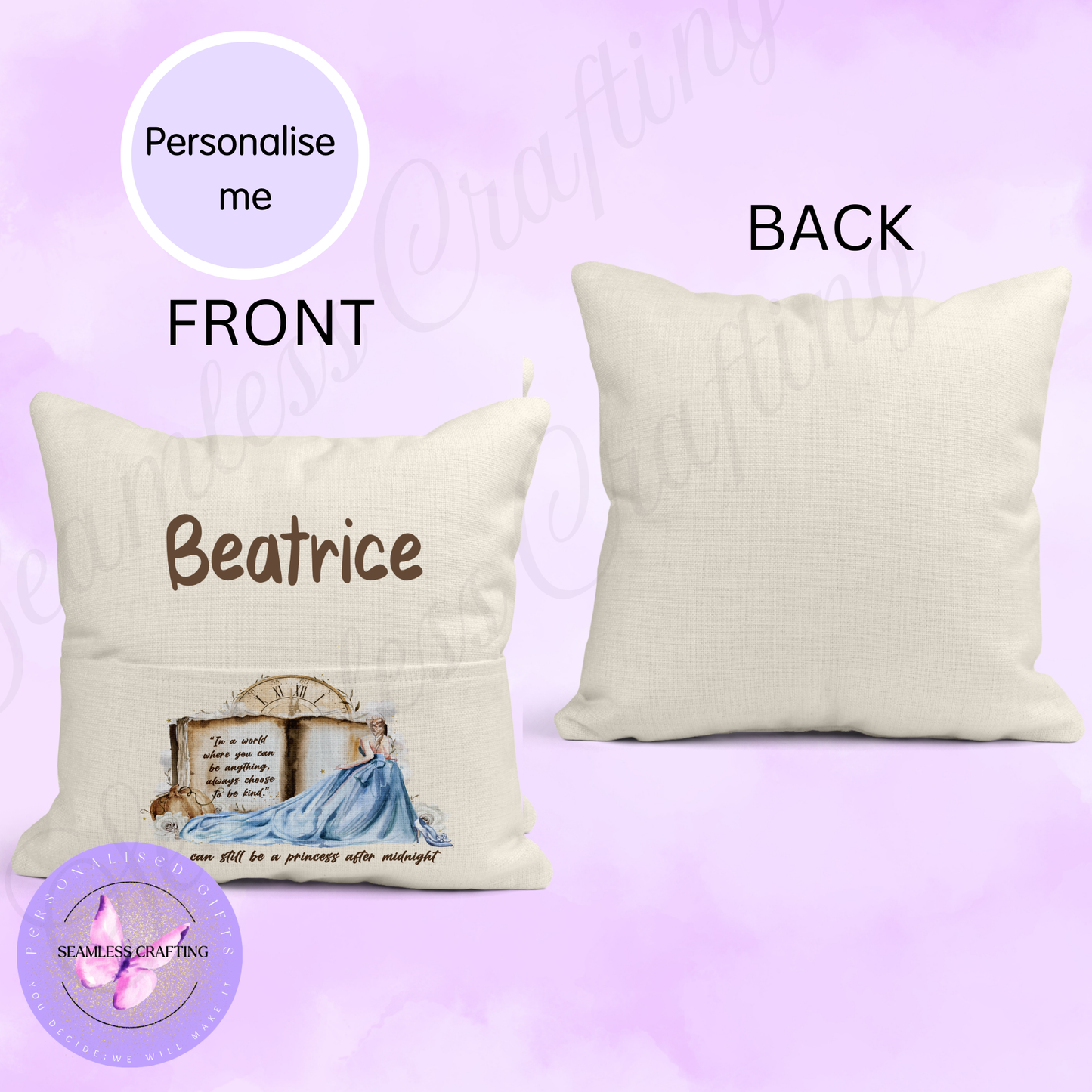 Personalised Princess Reading Pocket Cushion | Custom Name Book Cushion | Girls Bedroom & Reading Gift | 40x40cm Linen Canvas Cushion