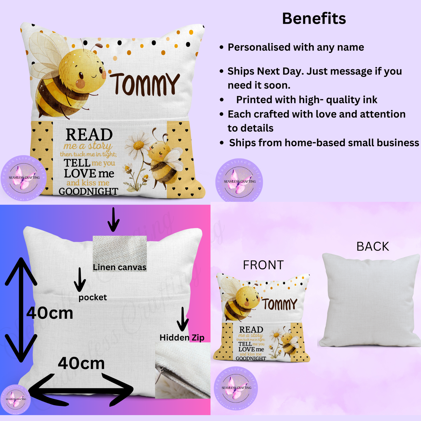 Personalised Bee Reading Cushion for Kids – Custom Name Linen Cushion with Pocket | Read Me a Story Pillow Gift for Boys & Girls | Bedtime Book Cushion