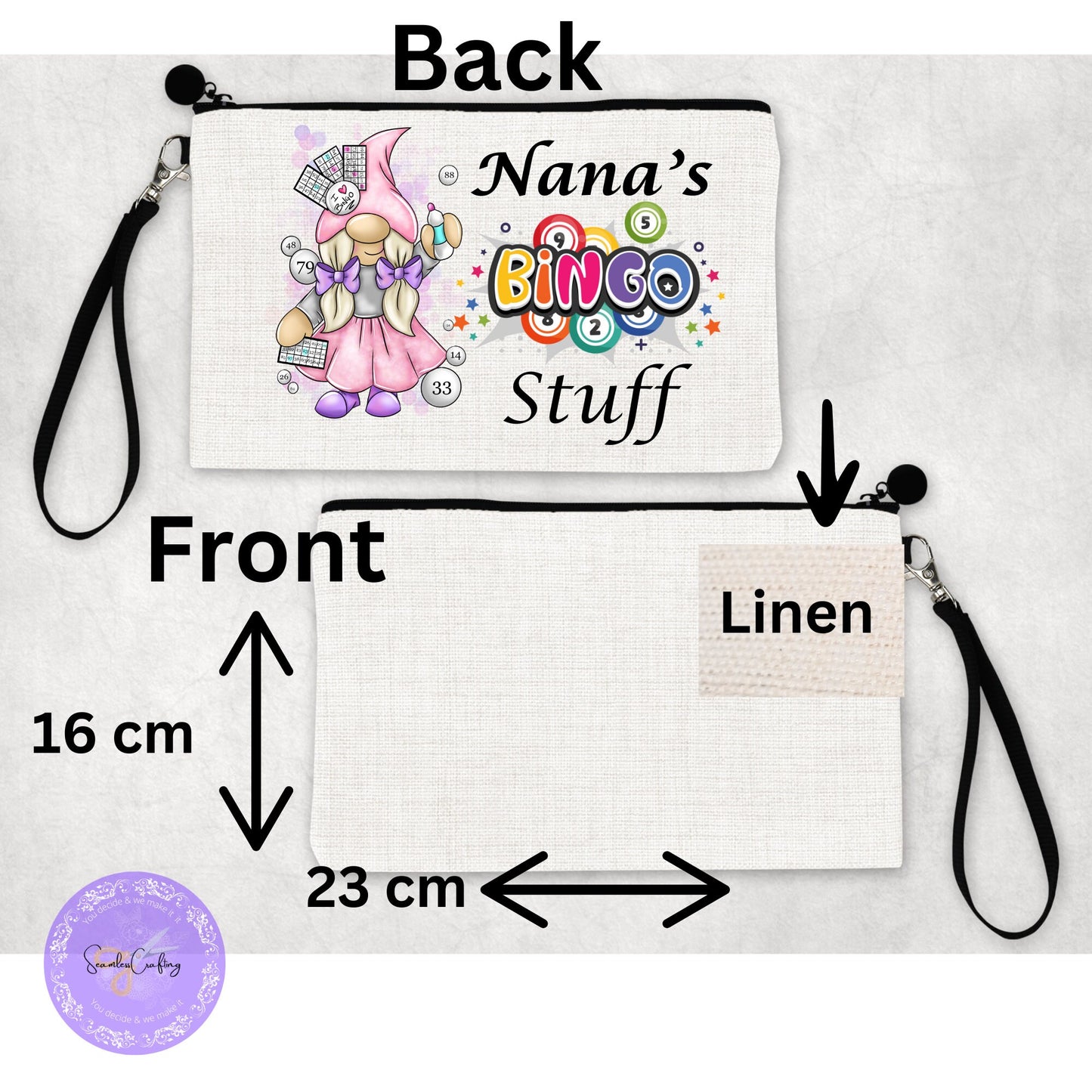 Personalised Gonk Gonkette Gnome Bingo bag, Dabber pen pouch, Pen holder, Money wallet holder, Gift for her, Bing accessories bag