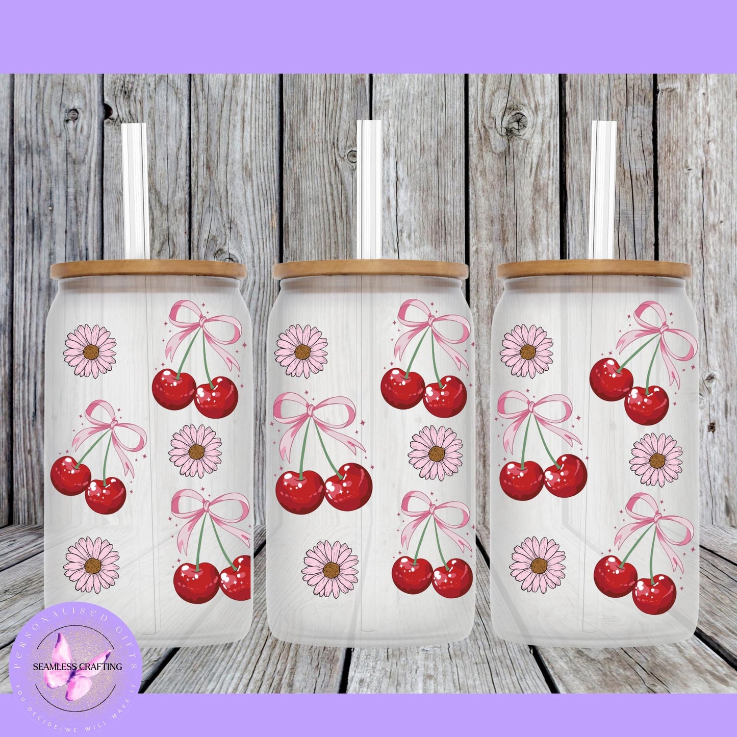 Personalised Cherry Conquette glass cup with lid & strew, Iced coffee mug, summer drink set reusable 16 oz can glass, Tumble cup custom made