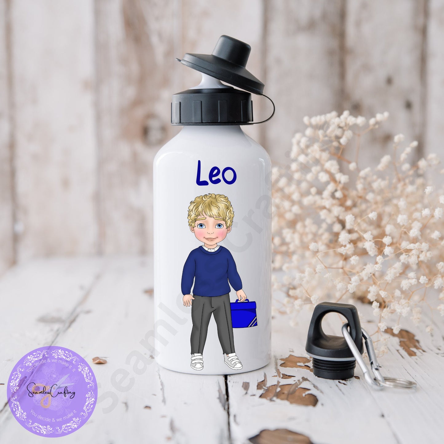 Personalised School uniform water bottle, Back to school water bottle, Nursery water bottle, Boy Character water bottle, customise with name