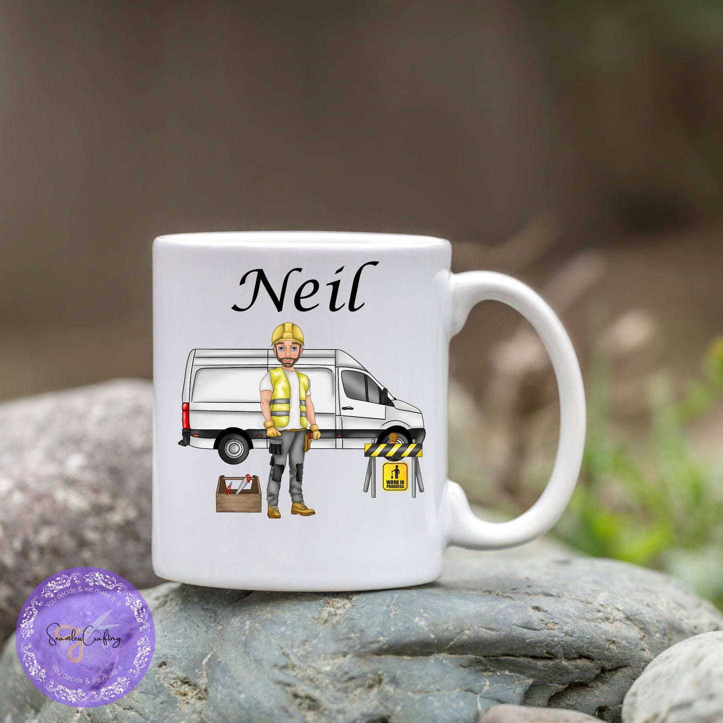 Personalised travel mug builder workman Gift, Construction worker Engineer, Handyman contractor Builder, Workman joiner yellow vest mug gift