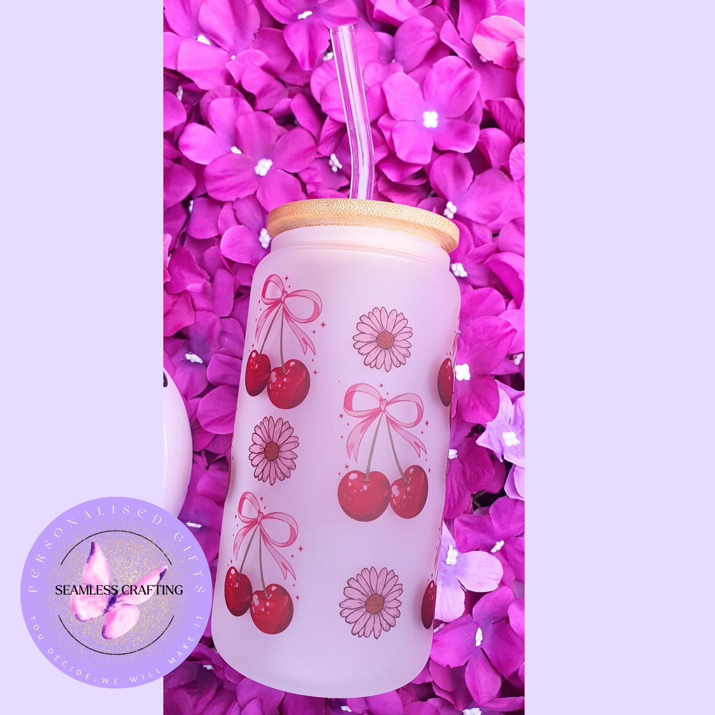 Personalised Cherry Conquette glass cup with lid & strew, Iced coffee mug, summer drink set reusable 16 oz can glass, Tumble cup custom made