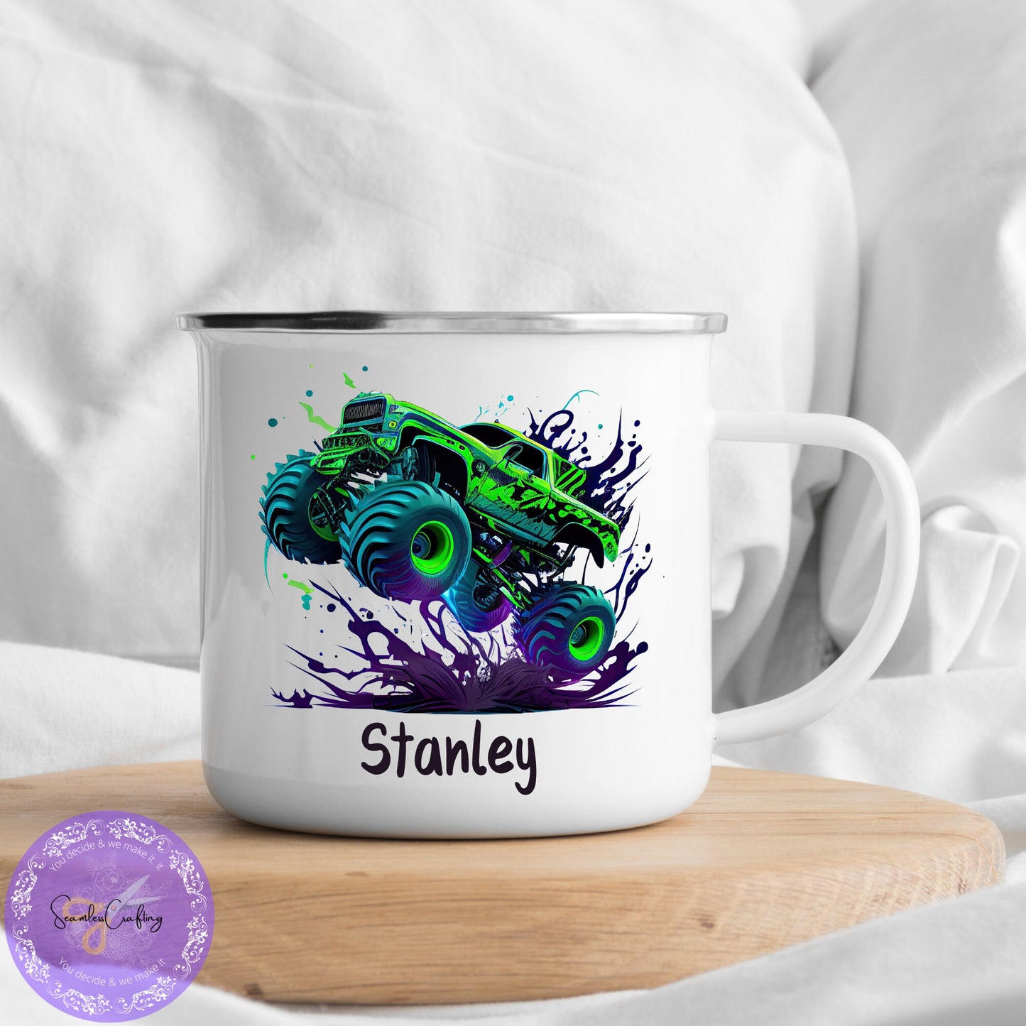 Personalised Enamel Mug Trex- Dinosaur Truck, Fire Engine Enamel Mug, Choice of Design, Personalise Name Mug, Gift For Kids