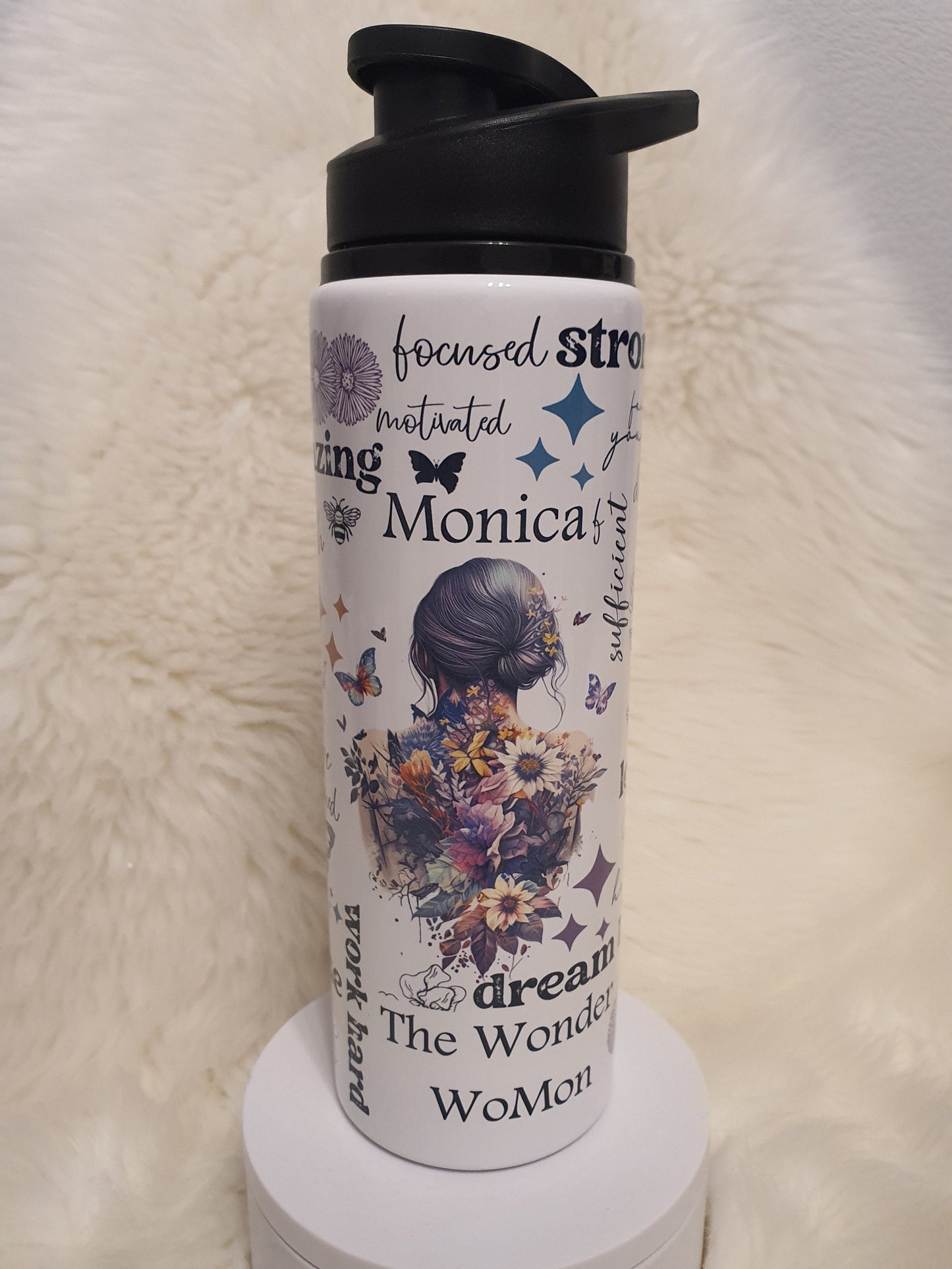 Personalised aluminium inspirational colourful butterfly flowers water bottle, Positive affirmation mental health awareness bottle.