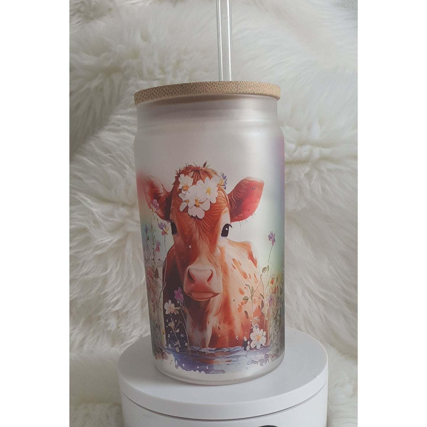 Personalised Glass Cup Floral Rainbow Cow, Iced Coffee Glass Cup, Glass Beer Can Bambo Lid & Plastic Straw, Gift For Cow Lover, Gift For Her