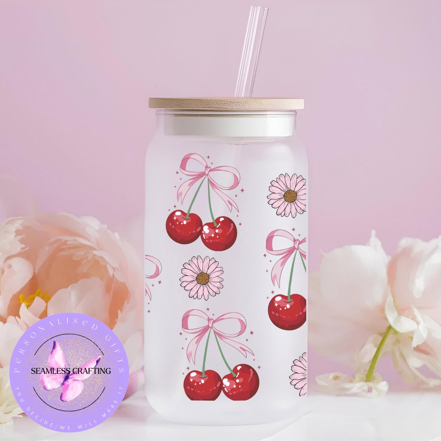 Personalised Cherry Conquette glass cup with lid & strew, Iced coffee mug, summer drink set reusable 16 oz can glass, Tumble cup custom made