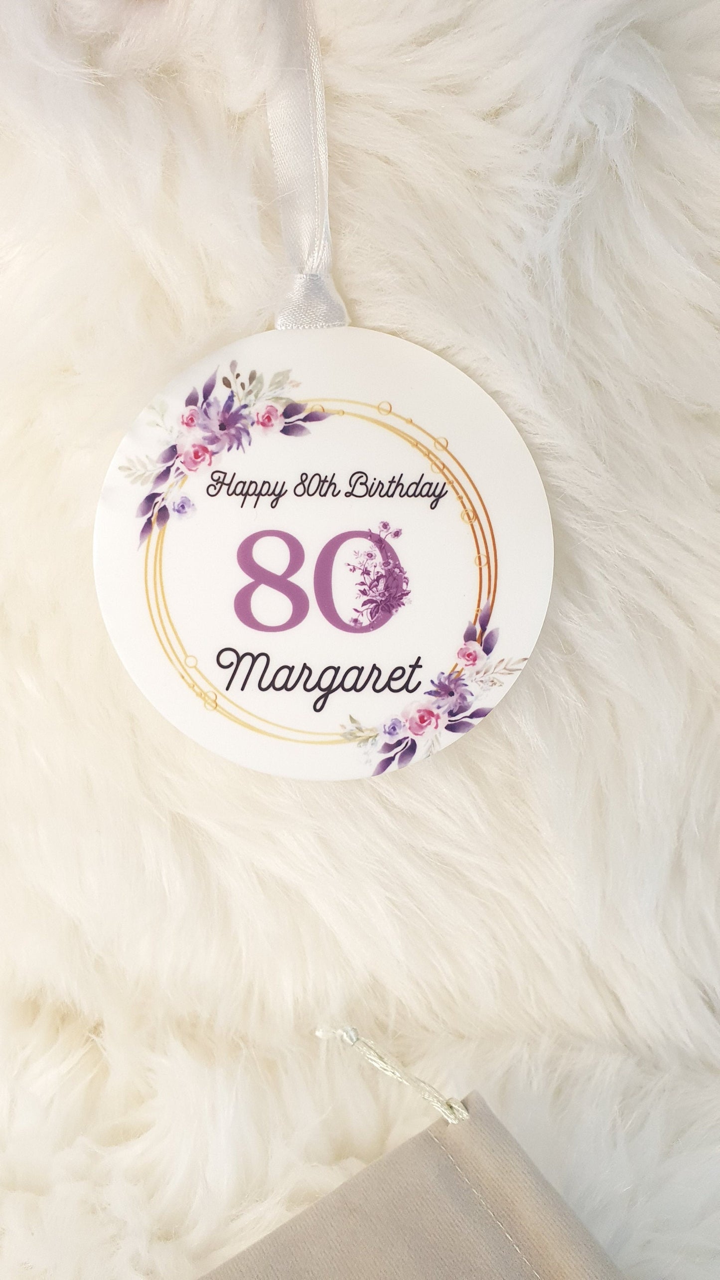 Personalised Milestone Birthday Hanging Acrylic ornament, Any age Purple flowers Plague, Gift For Her, 18th, 50th, 60th Birthday Keepsake