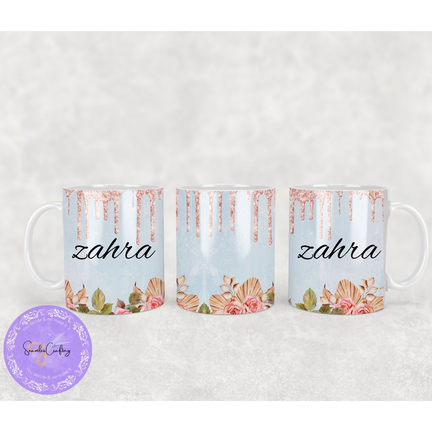 Personalised Arabic Name & English Pink Flower Mug, Custom Mug, Gift for her, Floral coffee Mug, Bride, Present, Friend Eid Gift, Coffee Cup
