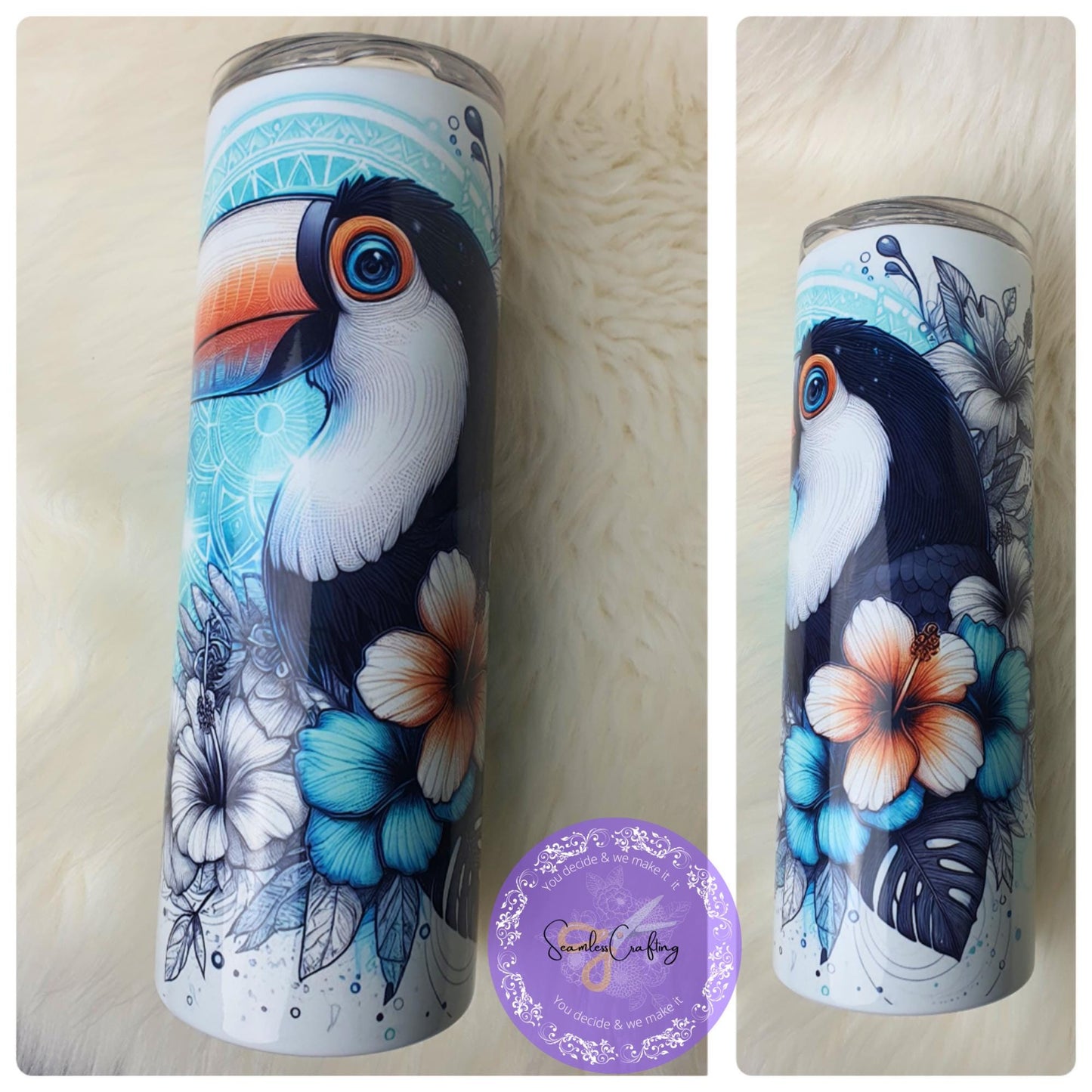 Personalised Floral Toucan 20 oz tumbler. Tropical bird lover gift, Stainless Steel Tumbler, Custom with any name, Birthday present