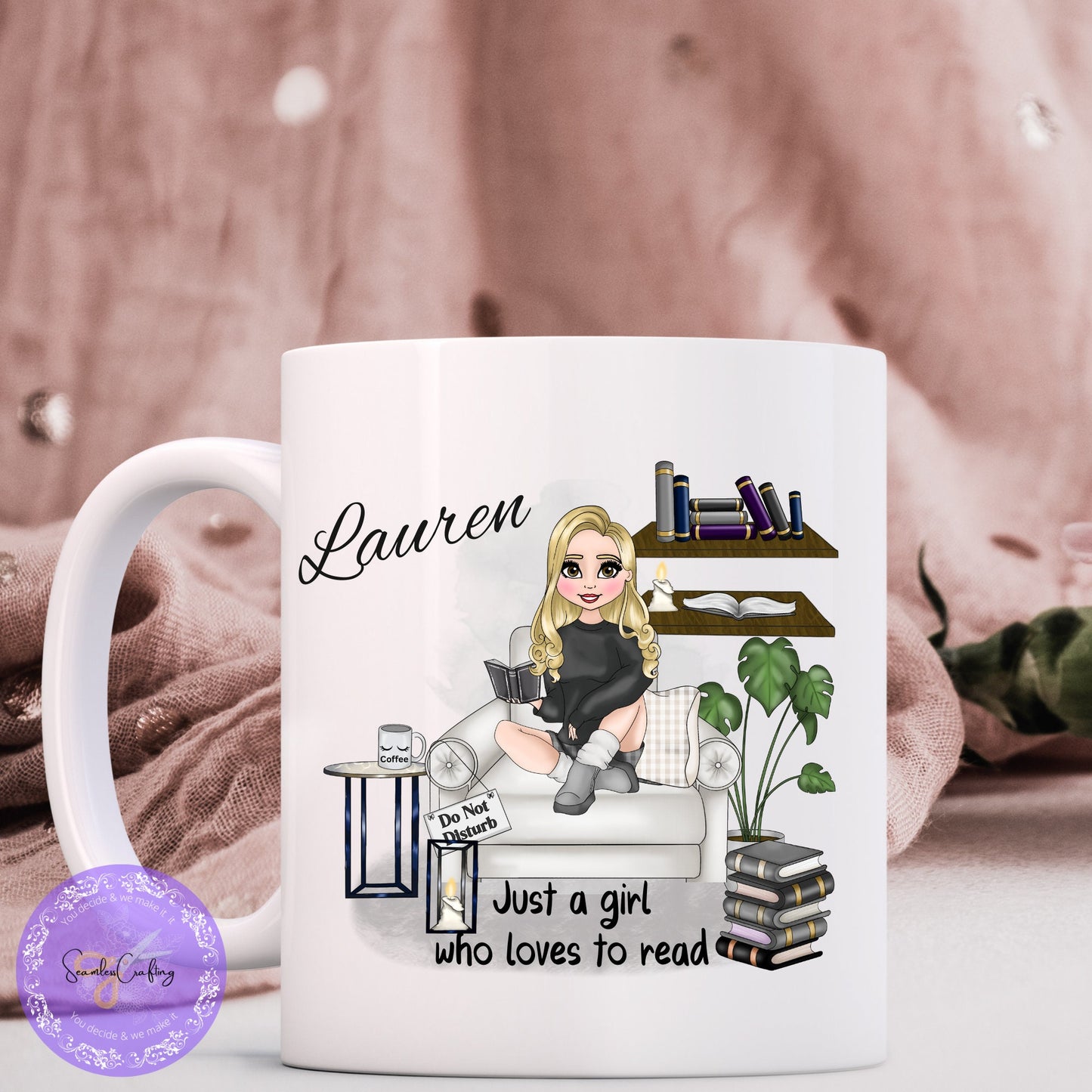 Personalised Caricature book lover mug, Just a girl who loves to read, Design your character cup, Reading teacup gift, Bookworm Cuppa