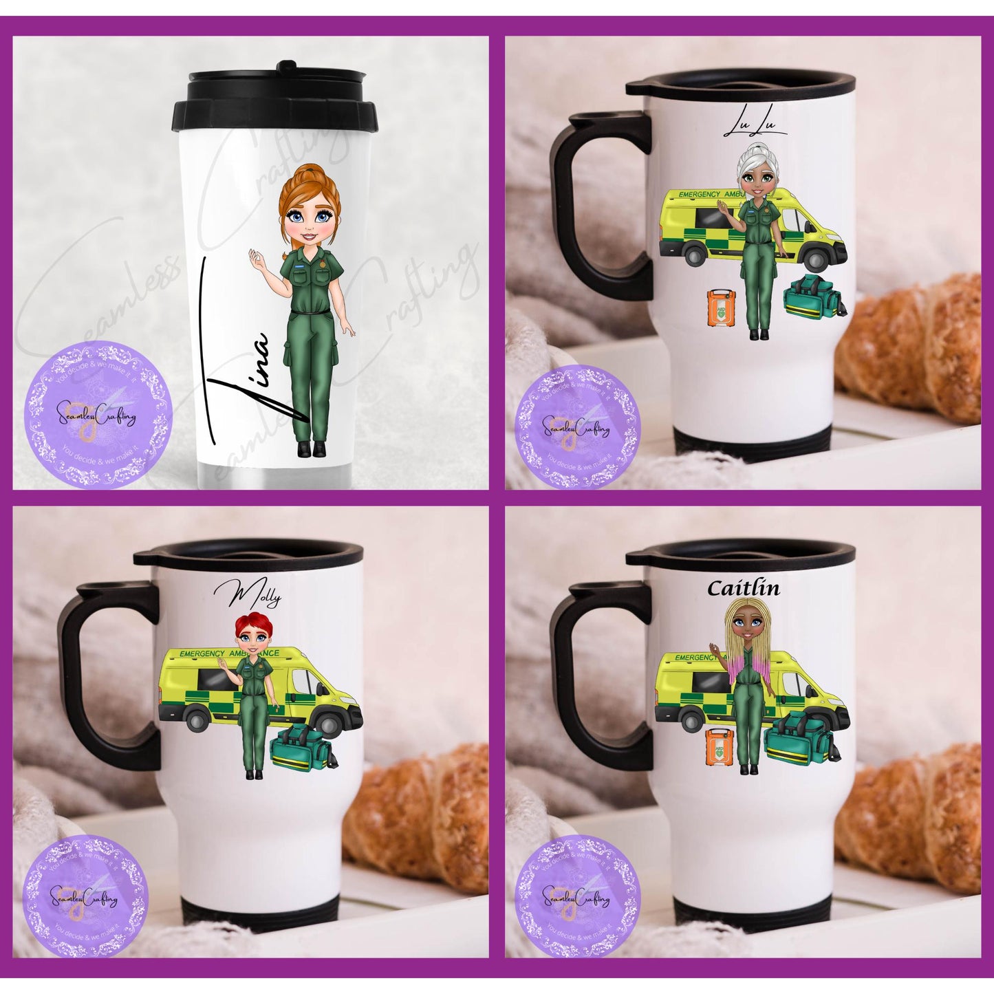 Personalised Paramedic Character Travel mug gift, First Responder, Gift for her, Stainless Steel Thermos, Paramedic Lady Technician uniform